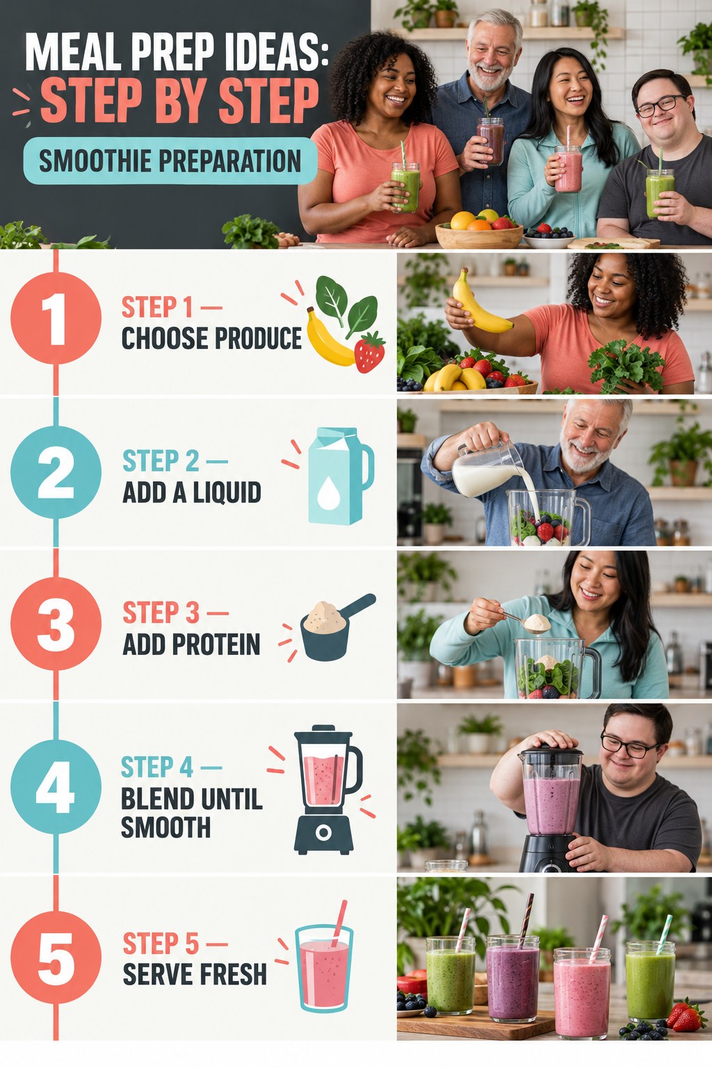 Meal Prep Ideas step-by-step graphic showing five numbered stages for smoothie preparation.