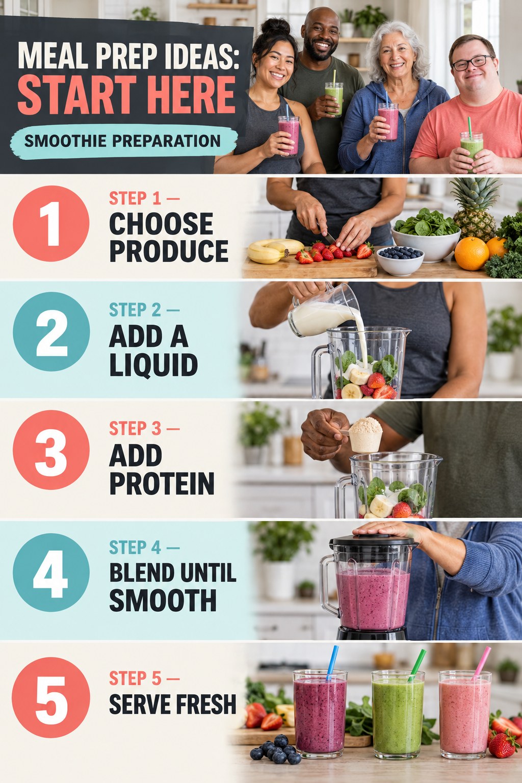 Meal Prep Ideas beginner guide graphic showing five manageable stages for smoothie preparation.