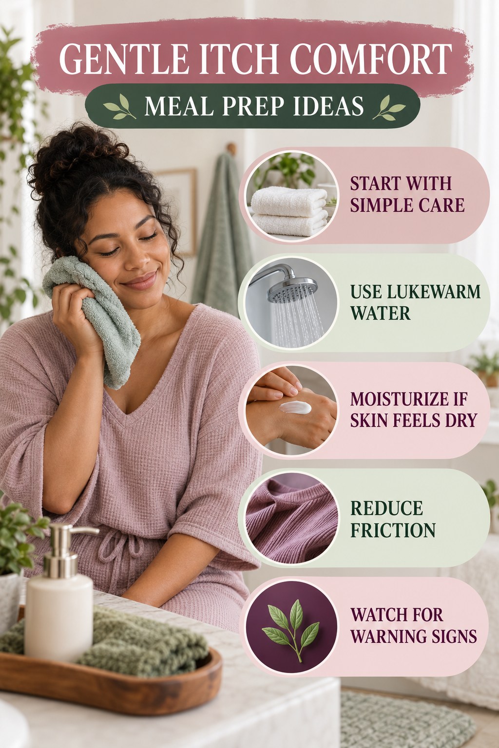 Beginner Skin Comfort Checklist infographic for Meal Prep Ideas with five gentle itchy-skin comfort strategies and a non-diagnostic safety focus.