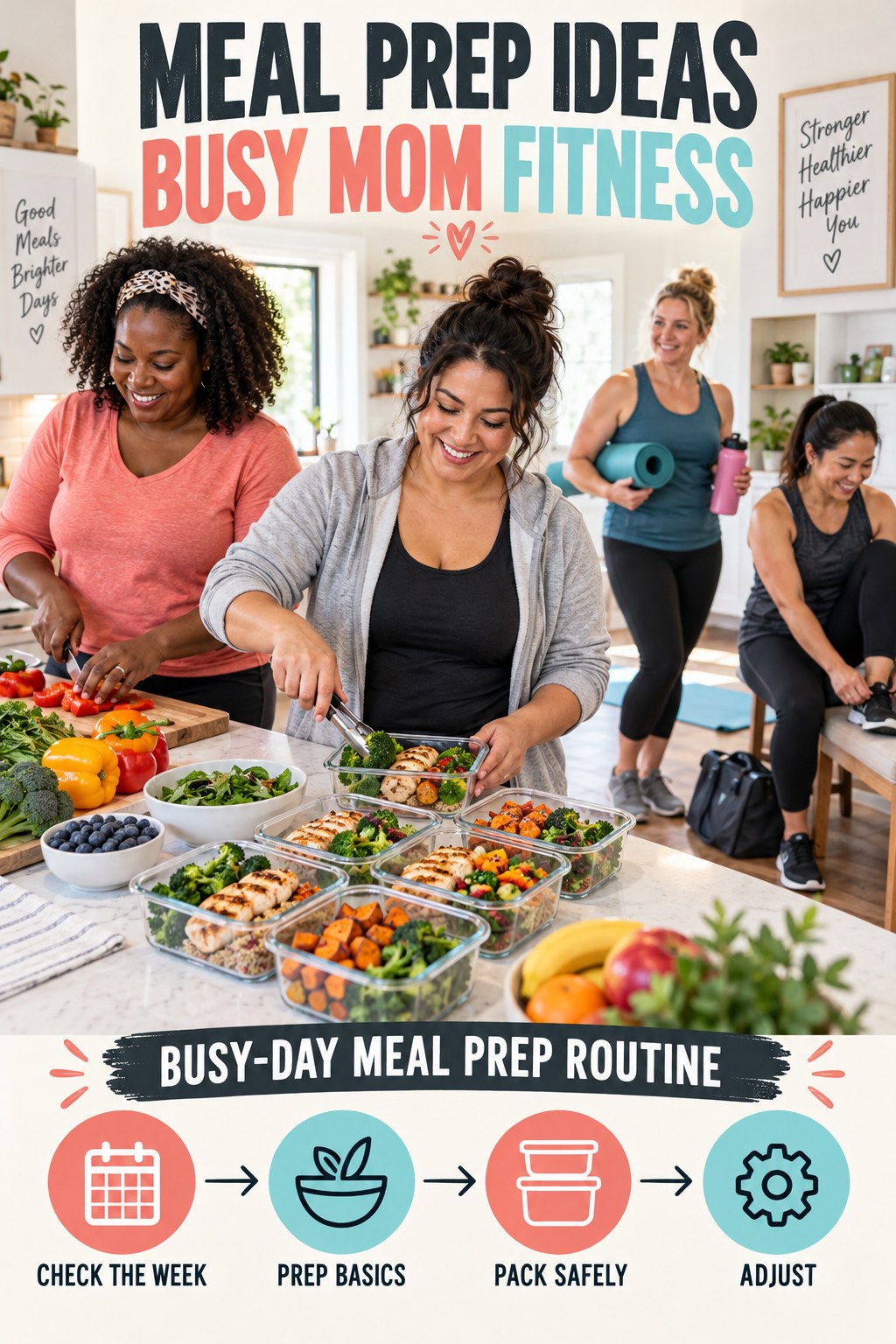 Meal Prep Ideas busy-mom fitness graphic titled Busy-Day Meal Prep Routine with four practical movement prompts.