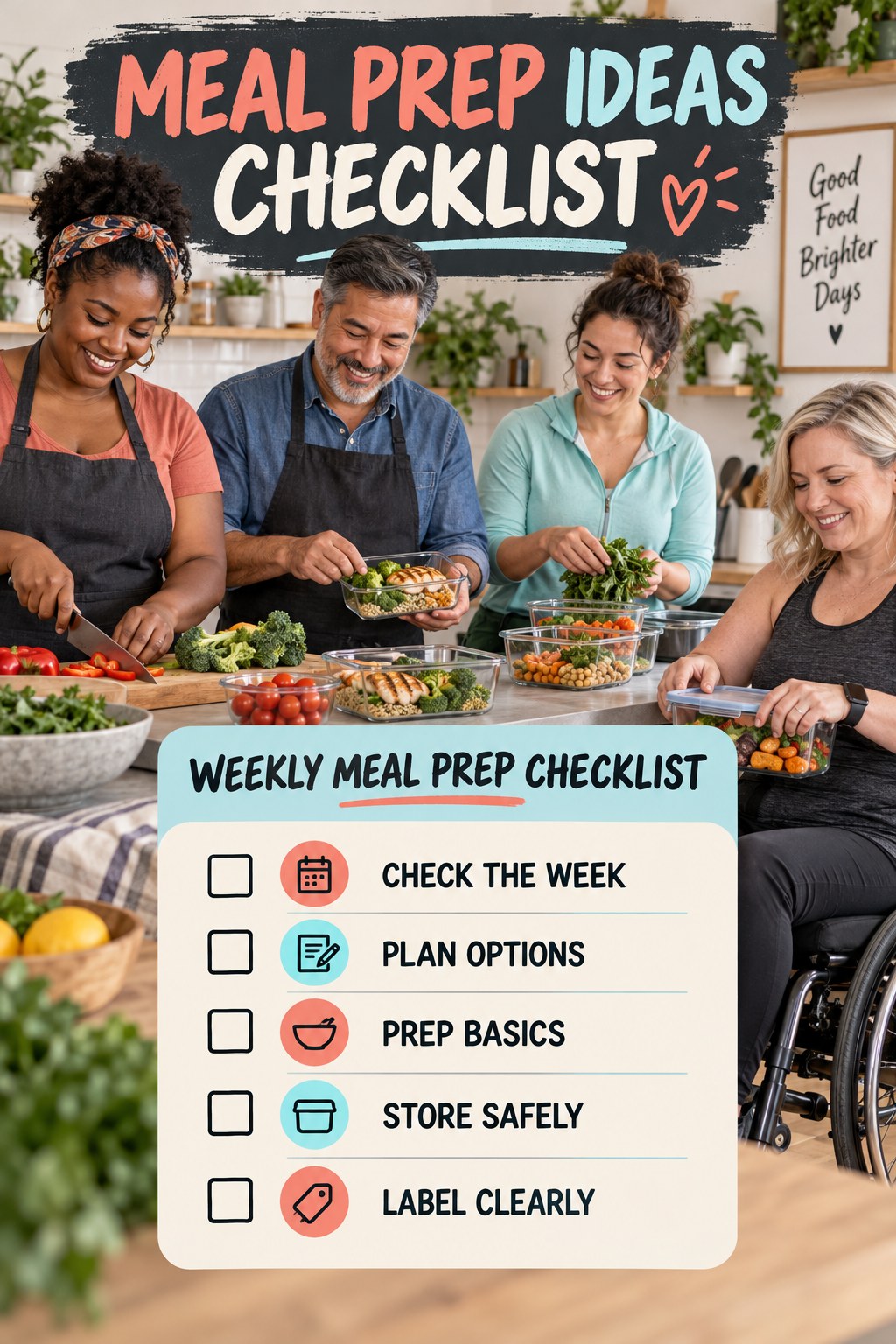 Meal Prep Ideas checklist graphic titled Weekly Meal Prep Checklist with five clear practical wellness items.