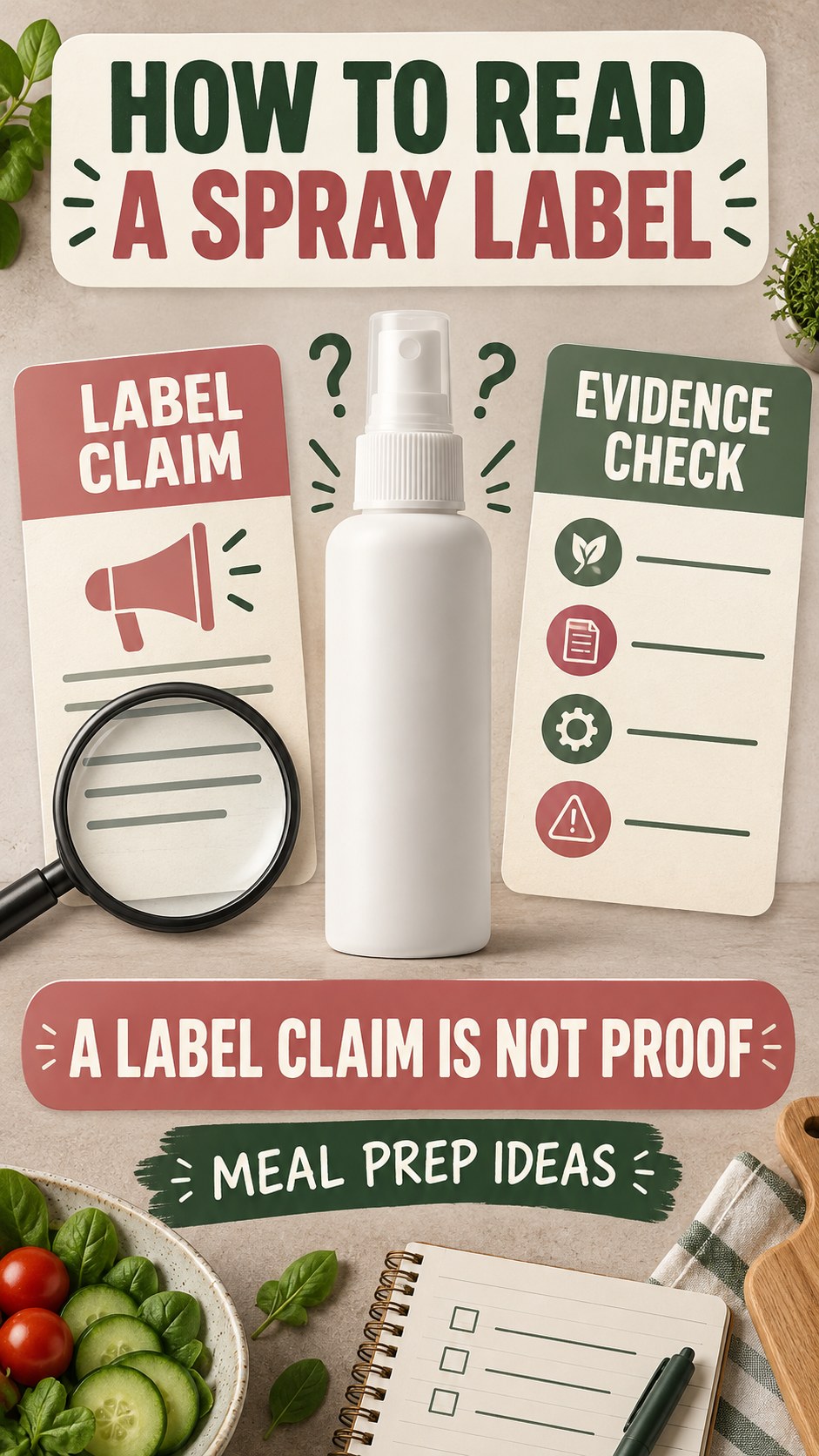 Claim Versus Evidence Review infographic for Meal Prep Ideas, showing a generic spray-label checklist that separates available facts, missing details, and evidence questions.