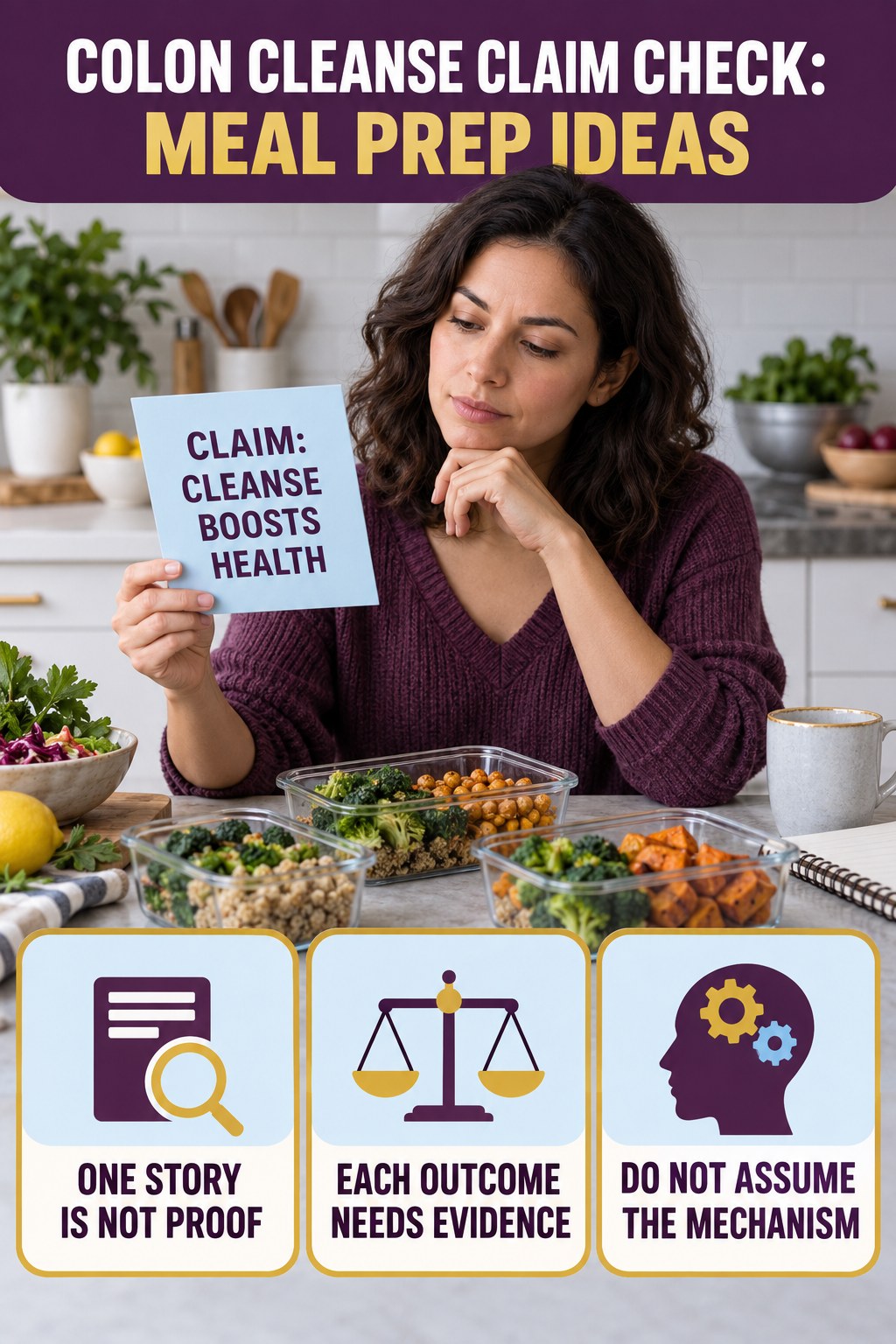 Skin, Energy, and Immunity Claims infographic for Meal Prep Ideas, separating a colon-cleanse marketing claim from evidence, reasonable conclusions, and safety context.