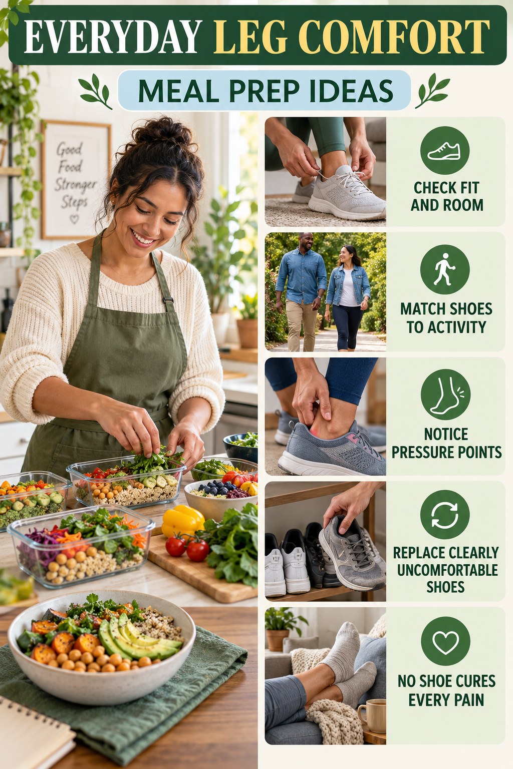 Comfortable Footwear Awareness infographic for Meal Prep Ideas with five gentle movement, position, footwear, recovery, or safety actions.