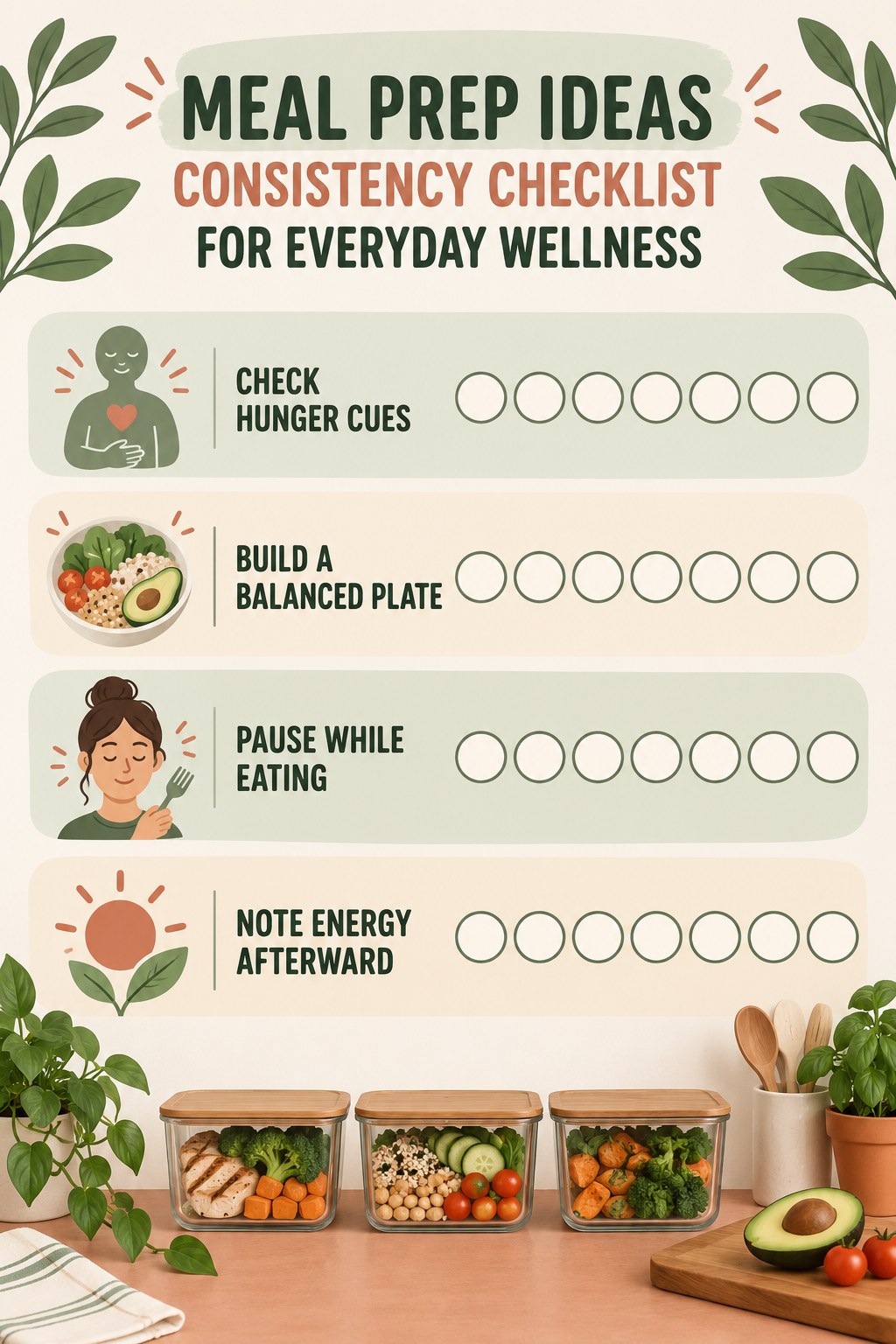 Meal Prep Ideas Consistency Checklist for Everyday Wellness infographic with checkboxes for check hunger cues, build a balanced plate, pause while eating, note energy afterward.