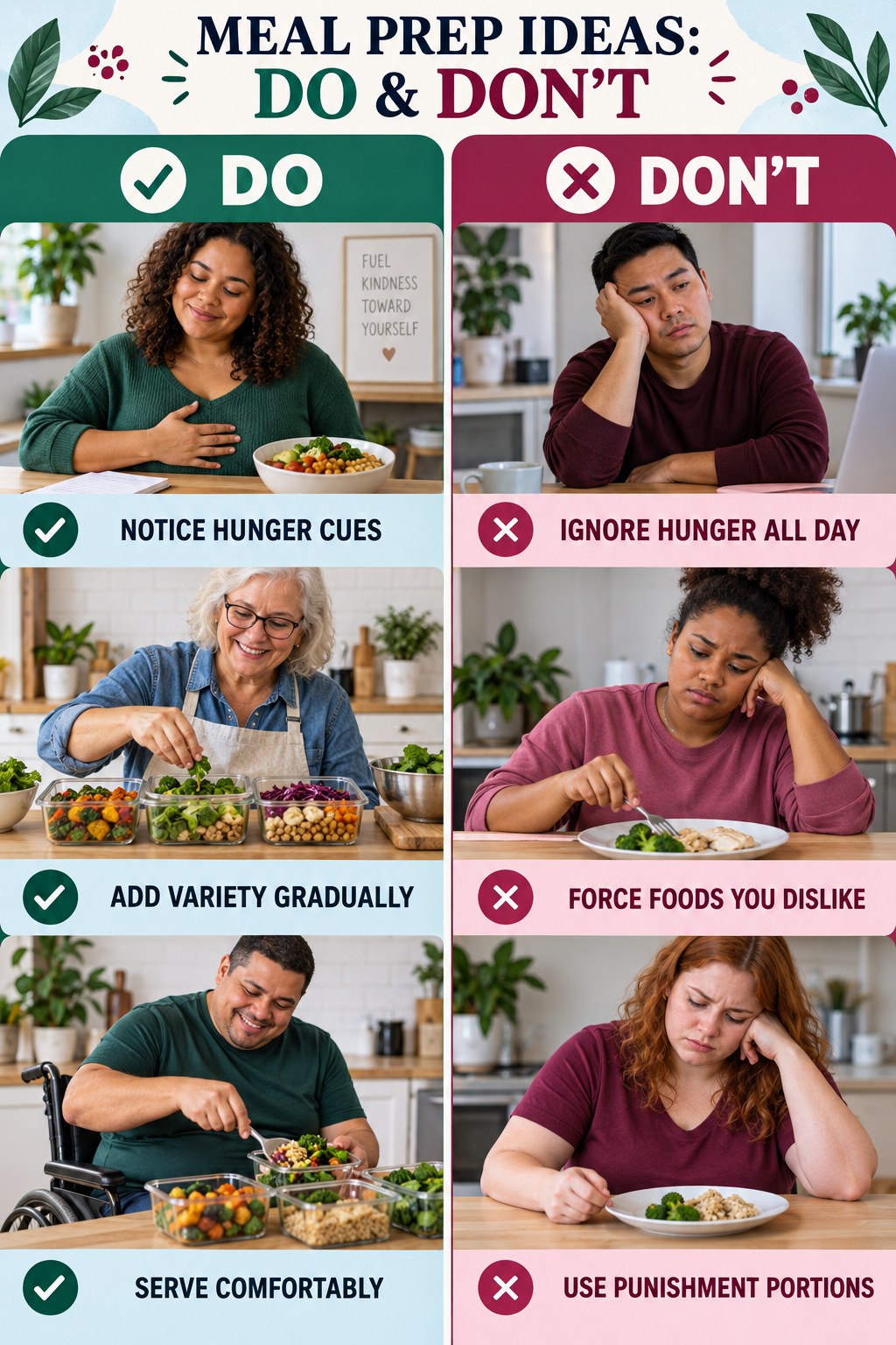 Meal Prep Ideas Do and Don’t comparison graphic showing three practical behavior pairs for busy-day meals.
