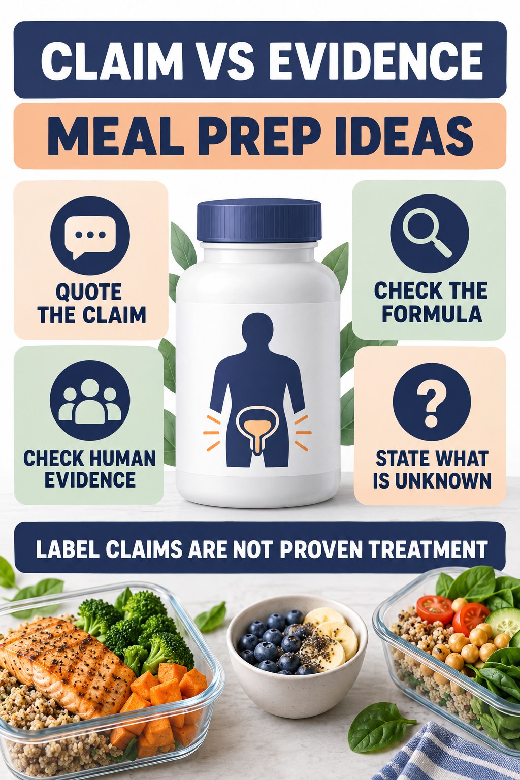 Evaluate “Supports Prostate Health” as Marketing Language prostate supplement label-literacy infographic for Meal Prep Ideas with four careful reading points.