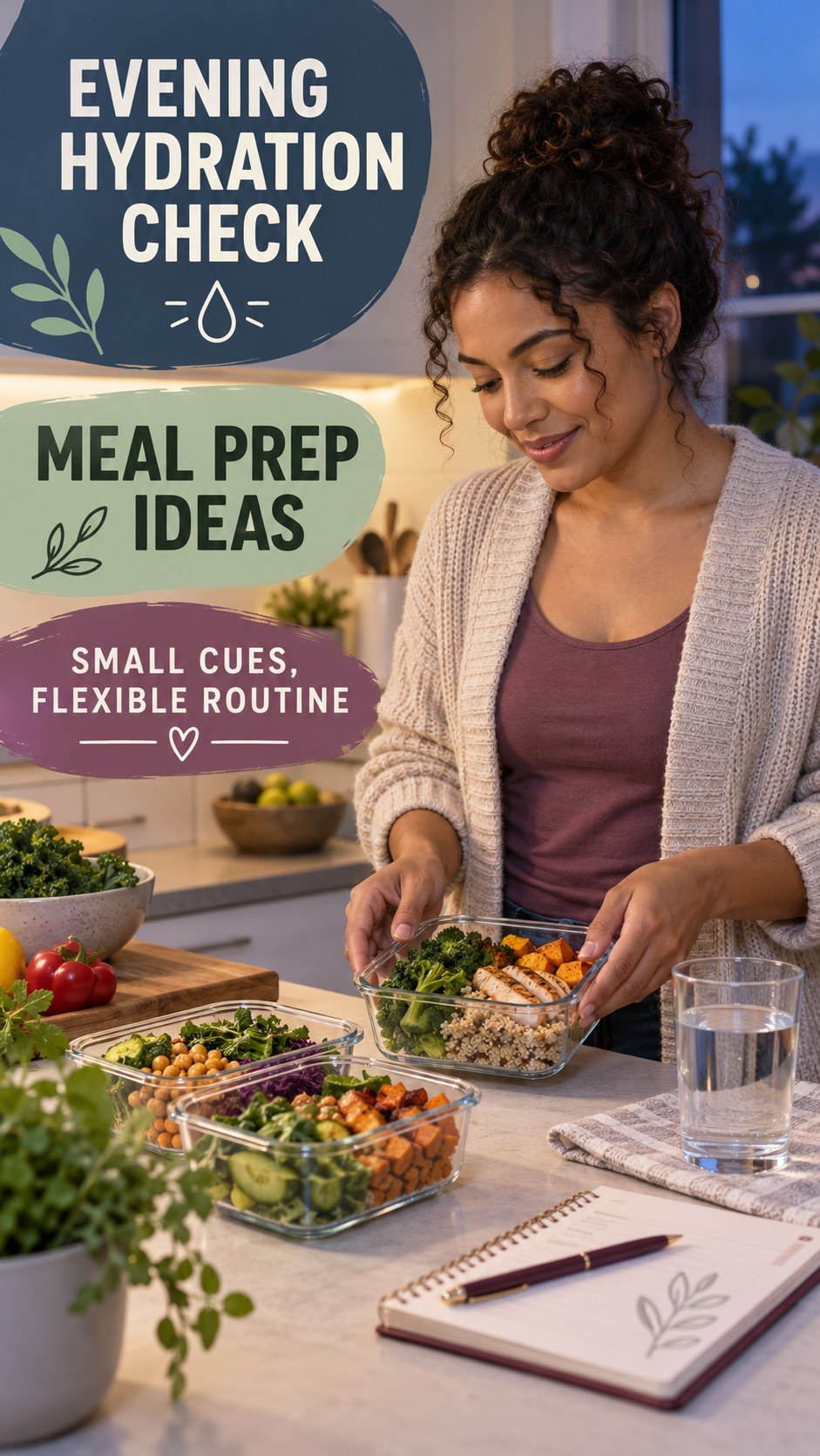 Evening Hydration Awareness infographic for Meal Prep Ideas, showing a flexible and calming evening wellness routine.