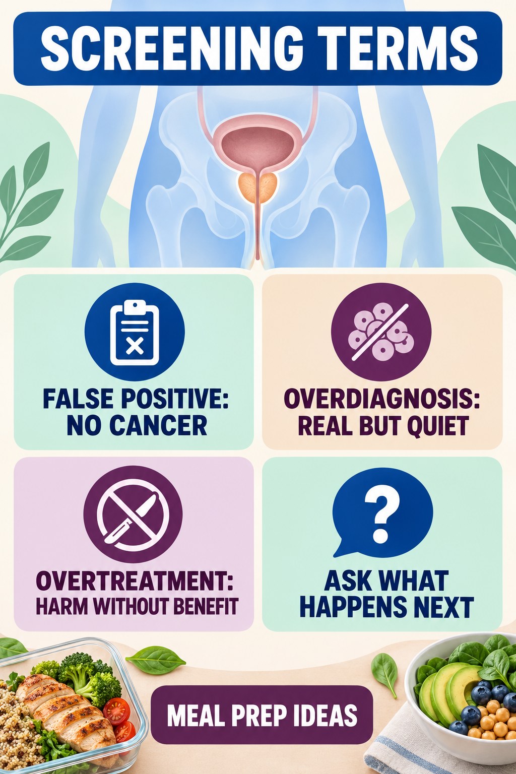 False Positive, Overdiagnosis, and Overtreatment infographic for Meal Prep Ideas with four concise prostate-health awareness points.