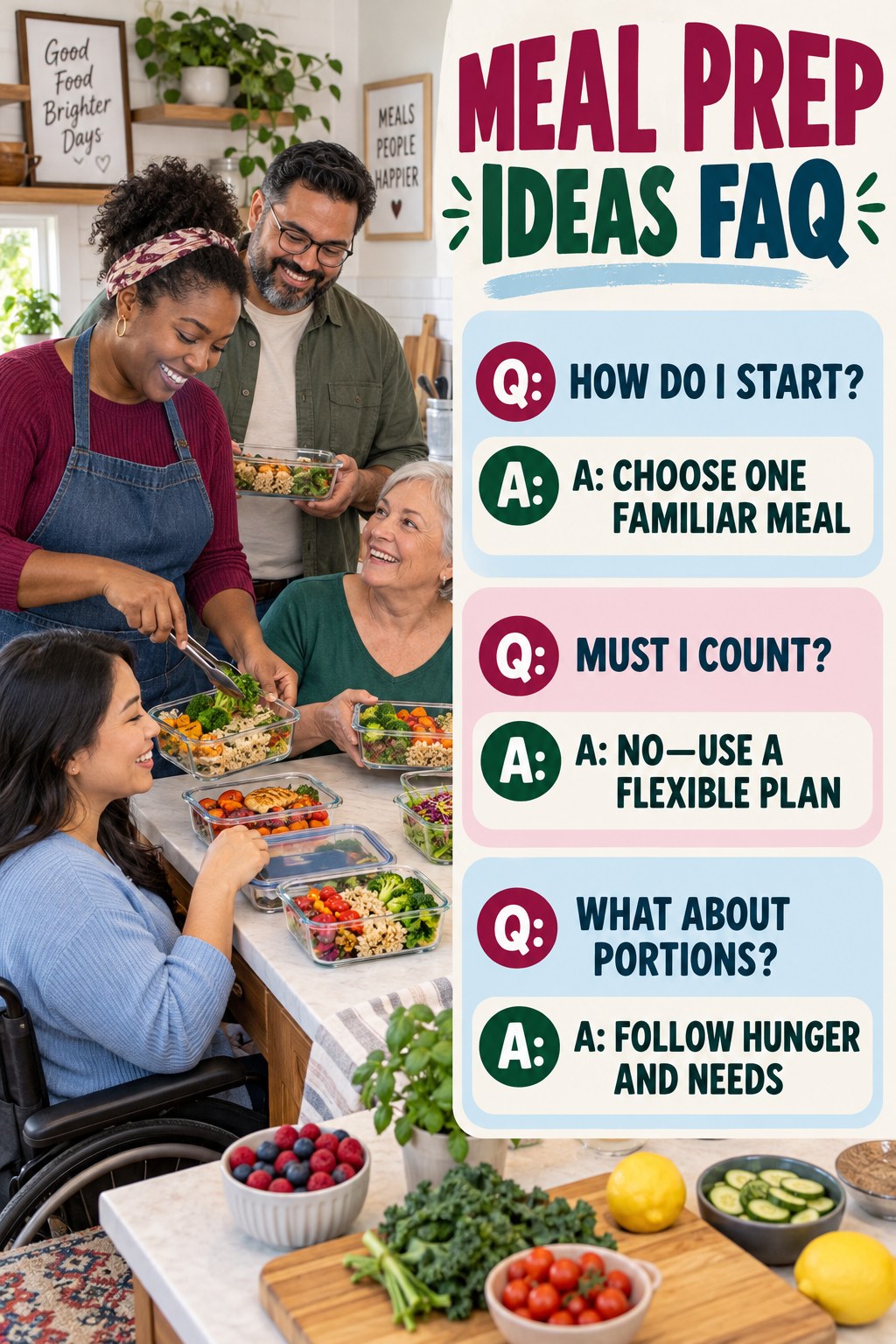 Meal Prep Ideas FAQ graphic with three concise questions and practical answers for beginners.