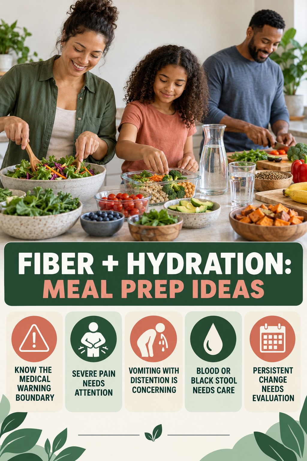 Know the Medical Warning Boundary infographic for Meal Prep Ideas, showing gradual food-first fiber, appropriate hydration, realistic bowel routines, and safe warning boundaries.