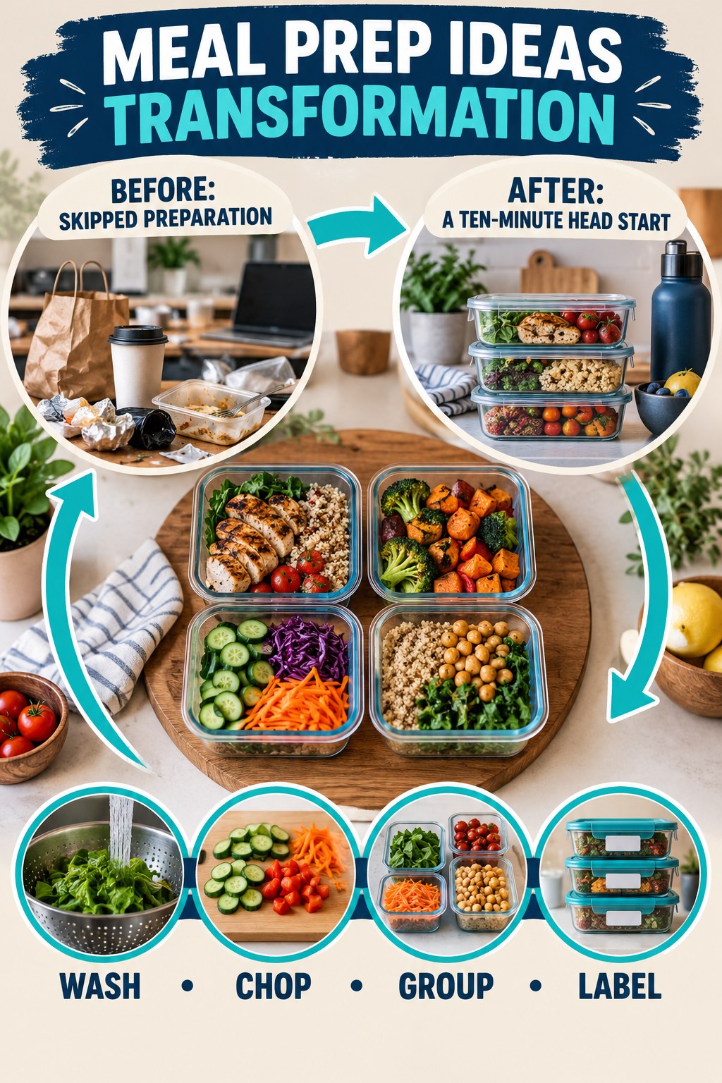 Meal Prep Ideas habit transformation graphic comparing skipped preparation with a ten-minute head start using four practical steps.
