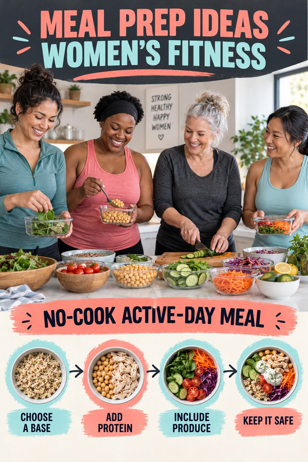 Meal Prep Ideas women’s fitness graphic titled No-Cook Active-Day Meal with four practical training prompts.