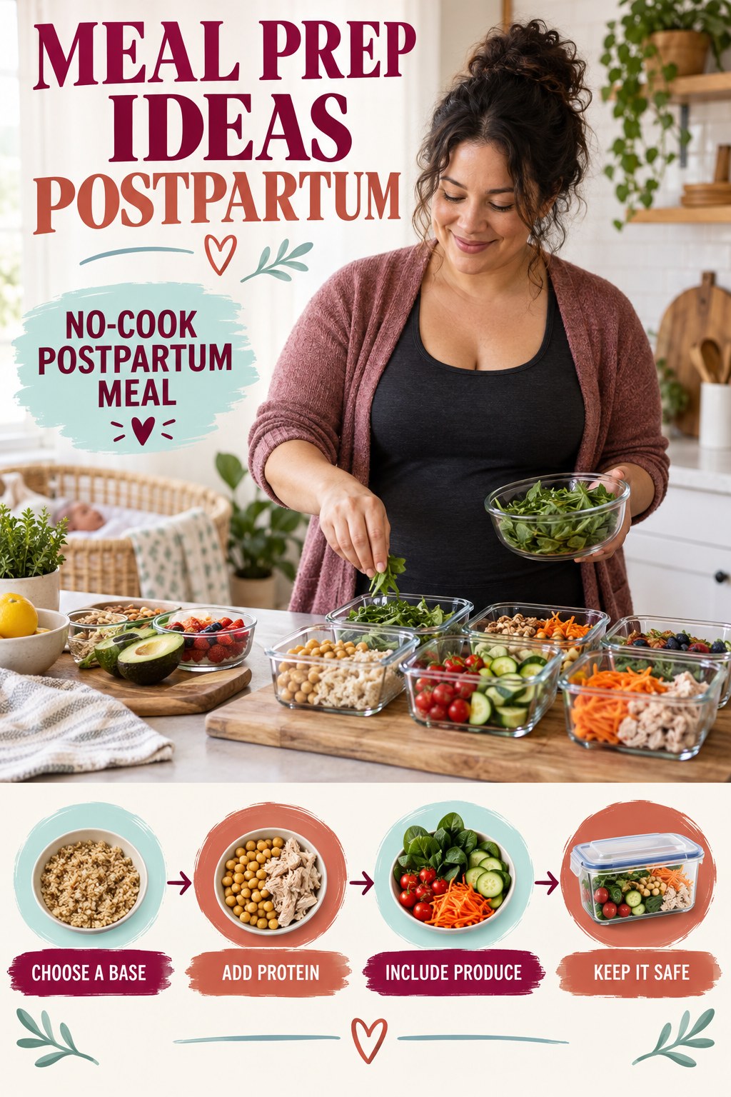 Meal Prep Ideas postpartum graphic titled No-Cook Postpartum Meal with four gradual recovery-aware prompts.
