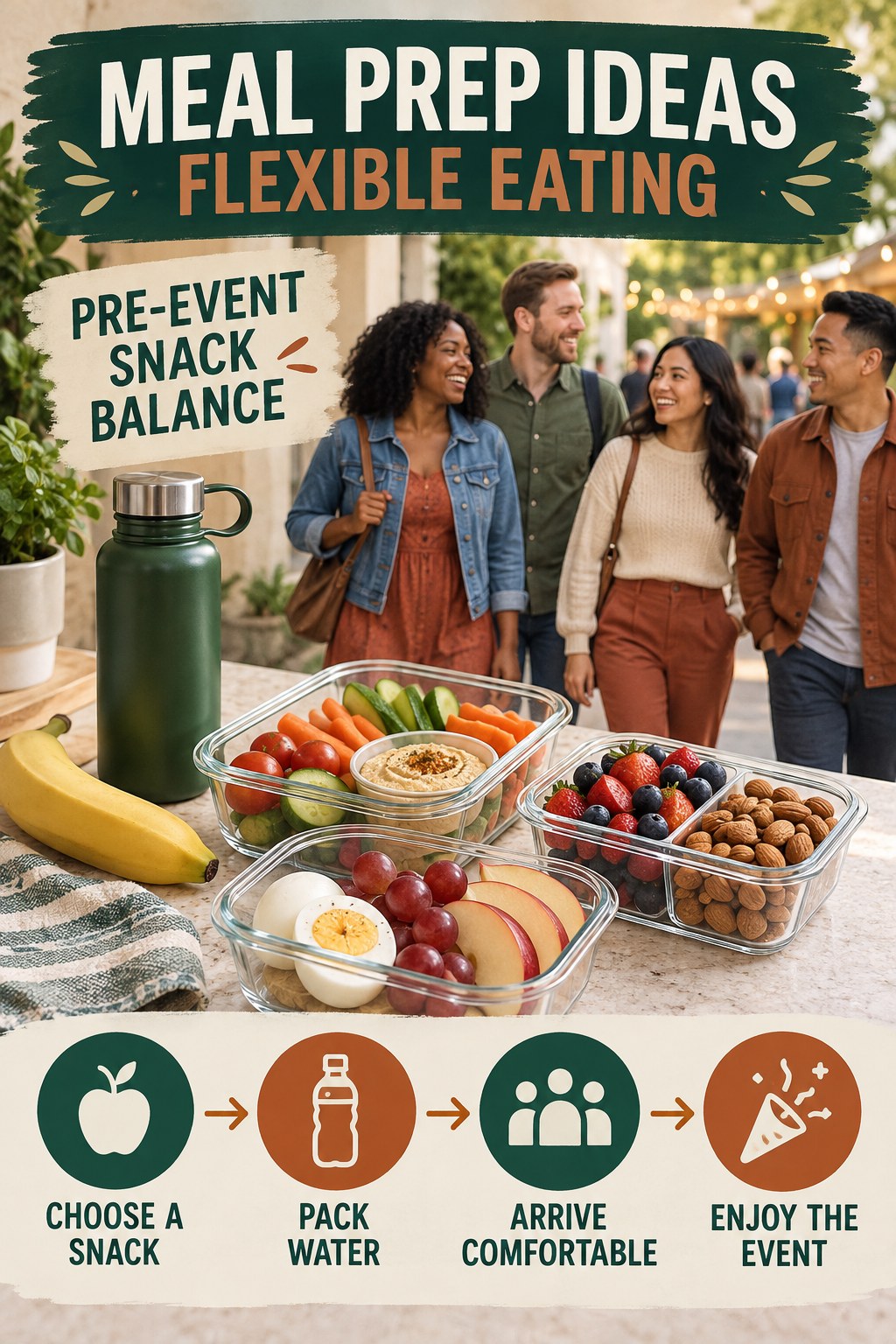 Meal Prep Ideas flexible eating graphic titled Pre-Event Snack Balance with four practical balance prompts.