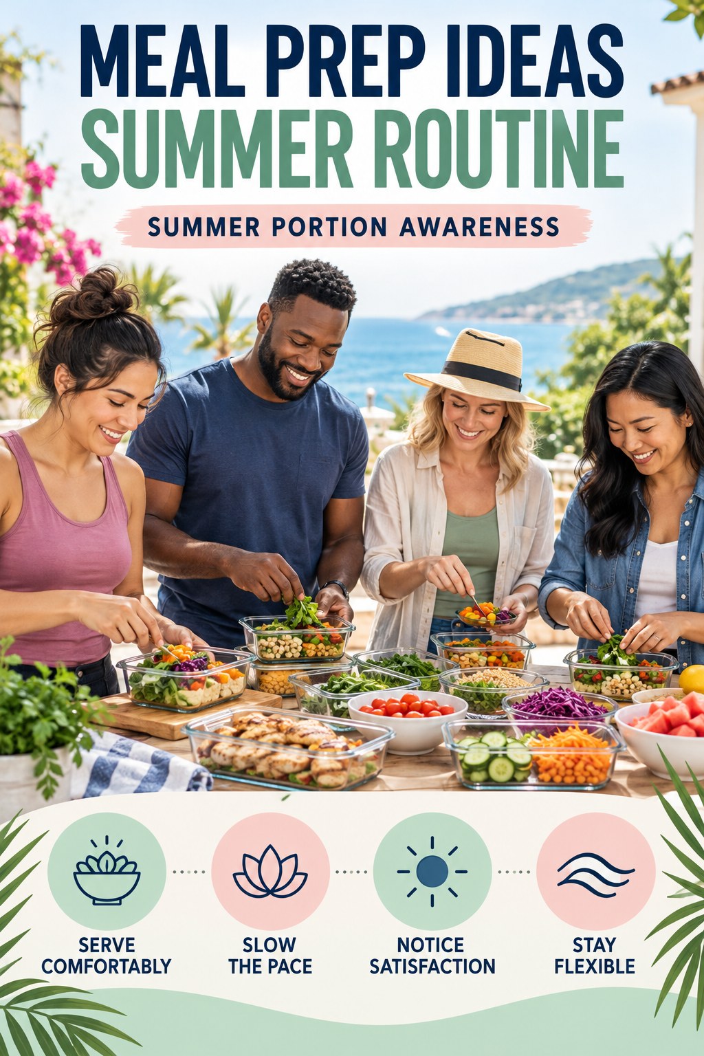 Meal Prep Ideas summer routine graphic titled Summer Portion Awareness with four practical wellness prompts.