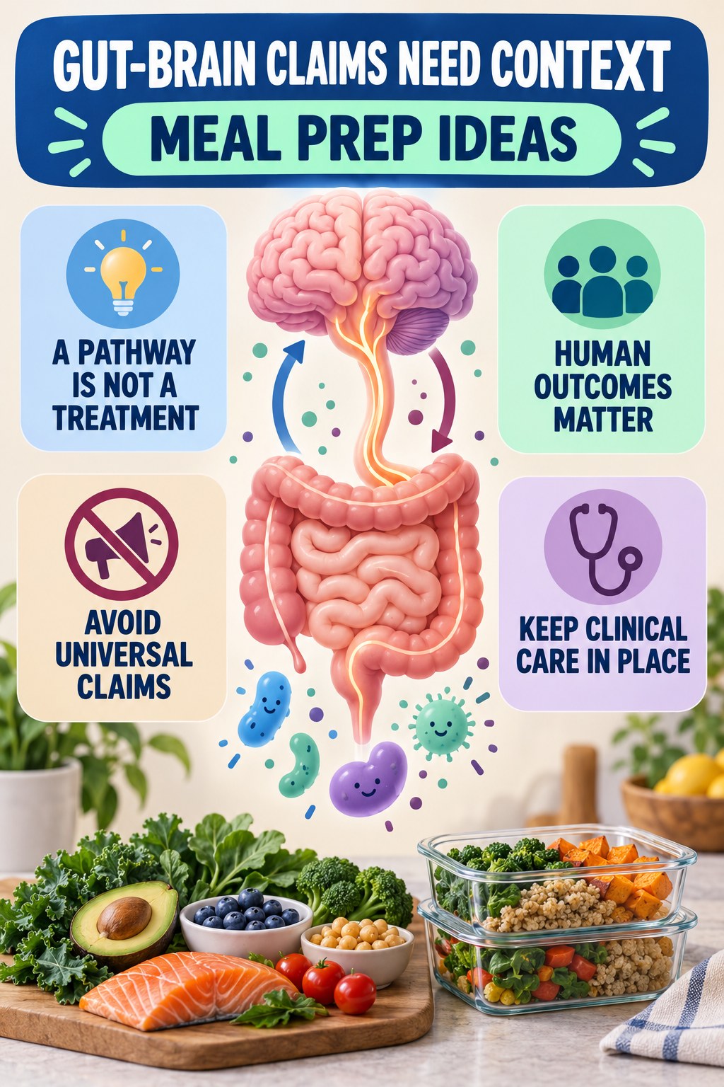 Gut-Brain Claims Need Human Evidence educational infographic for Meal Prep Ideas with four evidence-aware points.