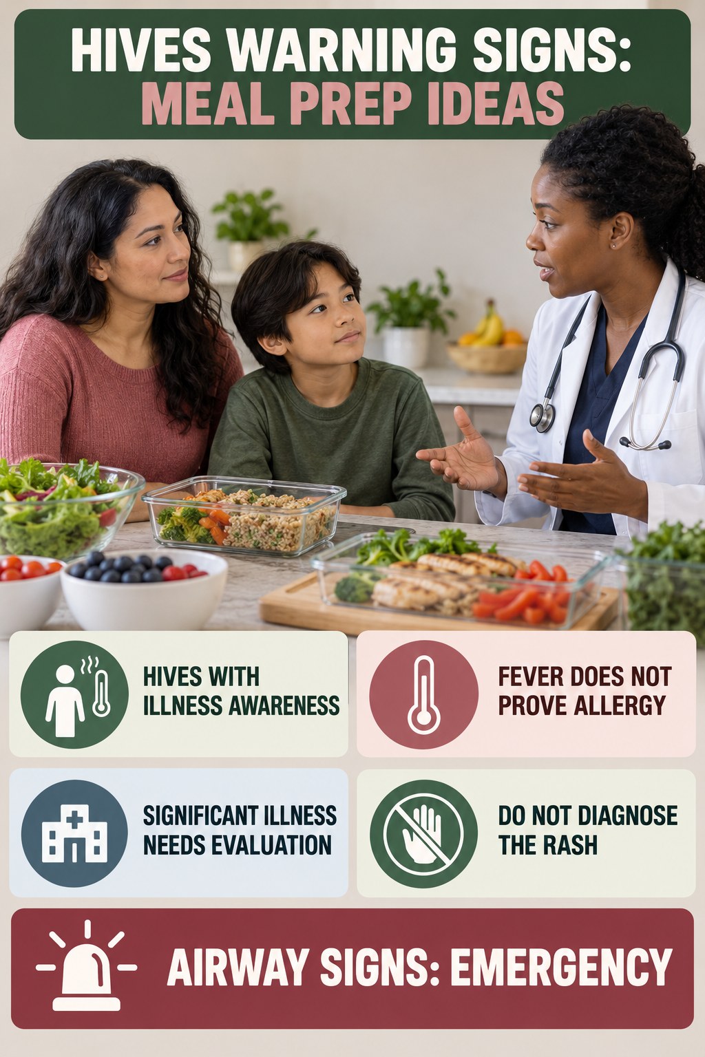 Hives with Illness Awareness infographic for Meal Prep Ideas, highlighting urgent breathing, throat, swelling, fainting, and rapid-progression warning signs without diagnosing hives.
