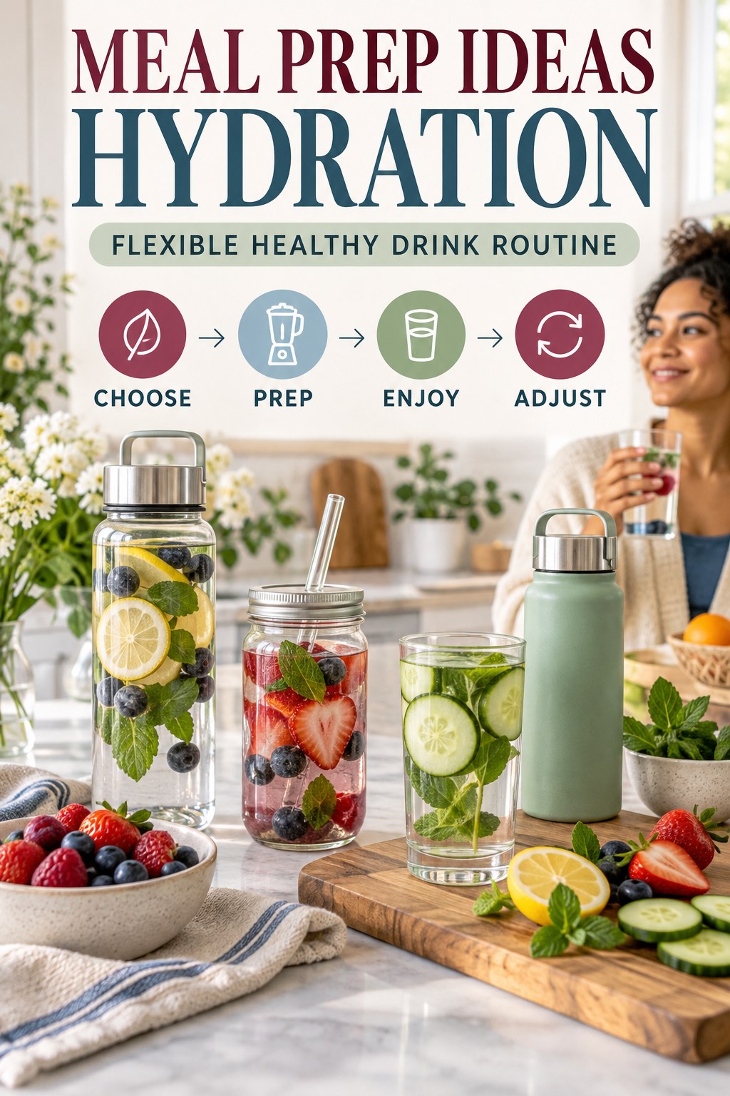 Meal Prep Ideas hydration graphic titled Flexible Healthy Drink Routine with four flexible water-habit prompts and no fixed intake target.