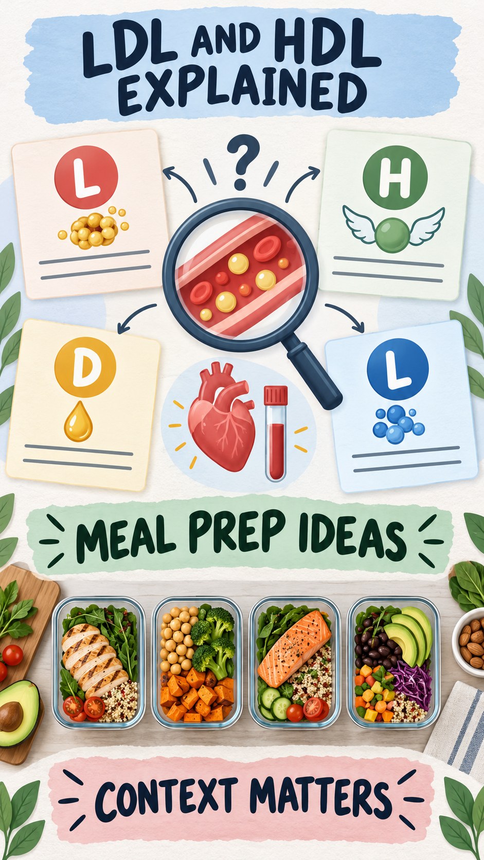 LDL and HDL Context Guide infographic for Meal Prep Ideas, using a non-numerical educational lipid-panel layout with question and context icons.