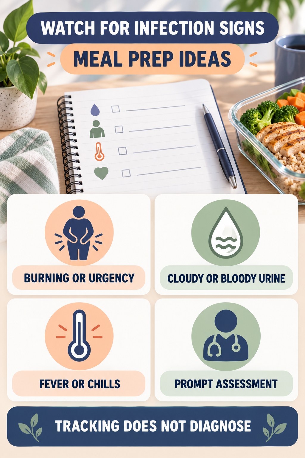 Log Possible Infection Warning Signs urinary symptom tracking infographic for Meal Prep Ideas with four practical diary points and a non-diagnostic reminder.