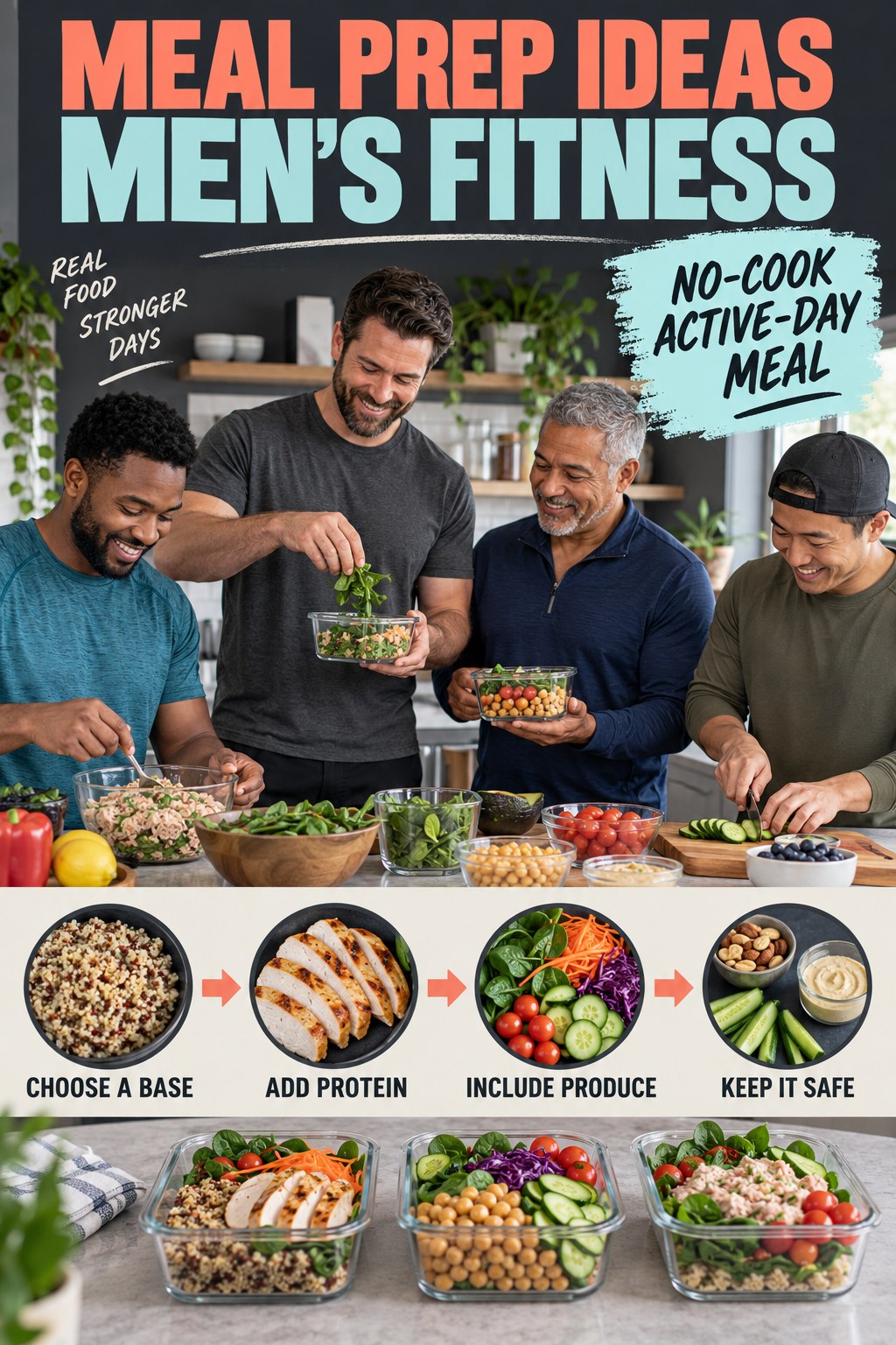Meal Prep Ideas men’s fitness graphic titled No-Cook Active-Day Meal with four practical training prompts.