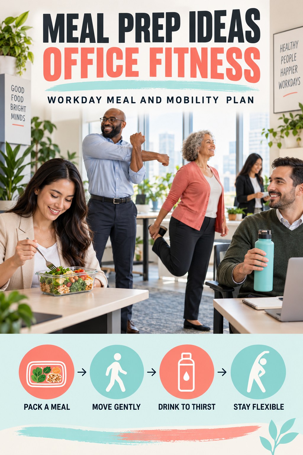 Meal Prep Ideas office-fitness graphic titled Workday Meal and Mobility Plan with four practical workday movement prompts.
