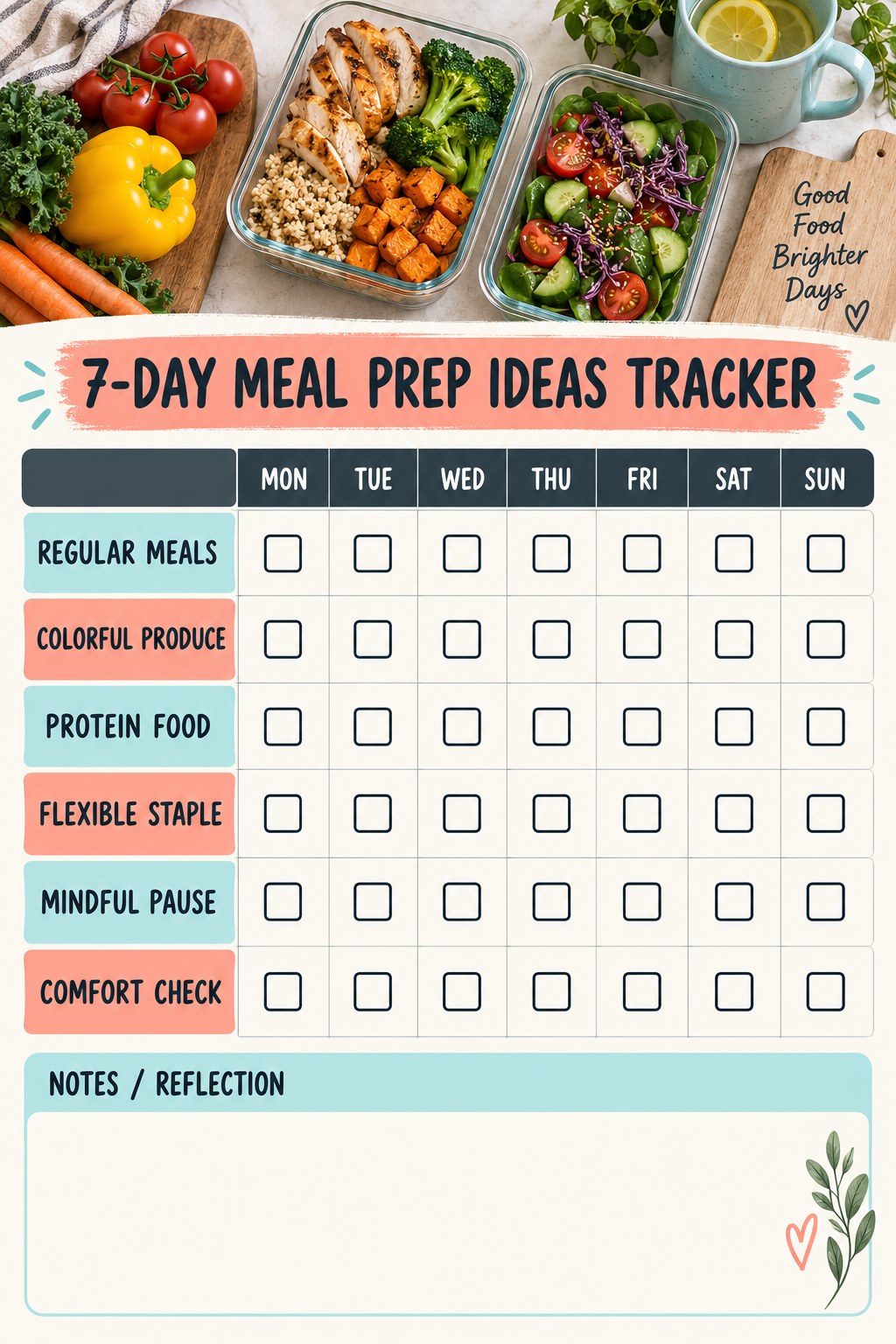 7-Day Meal Prep Ideas printable-style tracker graphic with six labeled rows, empty checkboxes, and a reflection area.