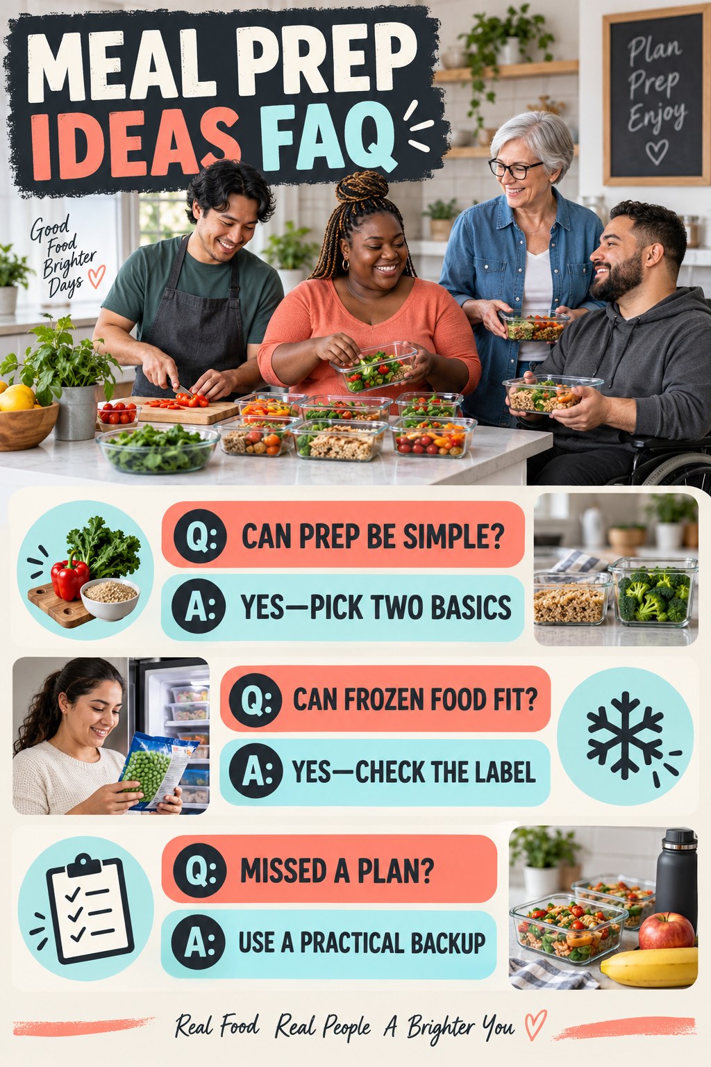 Meal Prep Ideas FAQ graphic with three concise questions and practical answers for beginners.