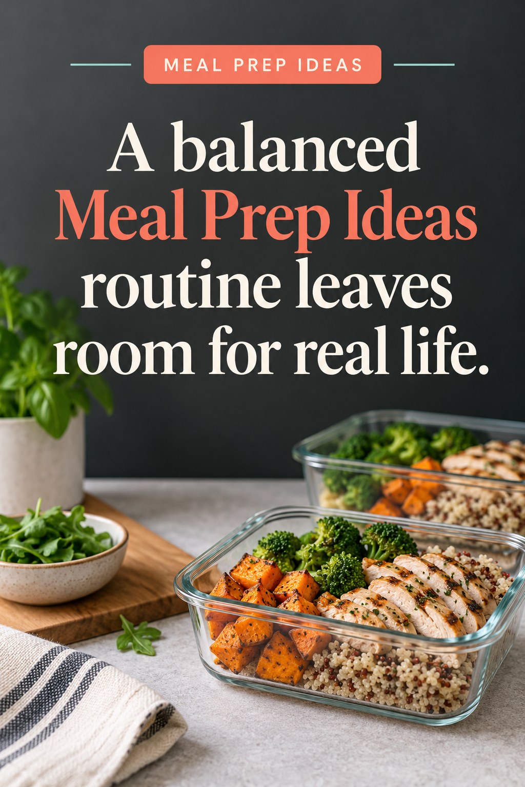 Original Meal Prep Ideas quote graphic reading “A balanced Meal Prep Ideas routine leaves room for real life.” in a board-relevant editorial design.
