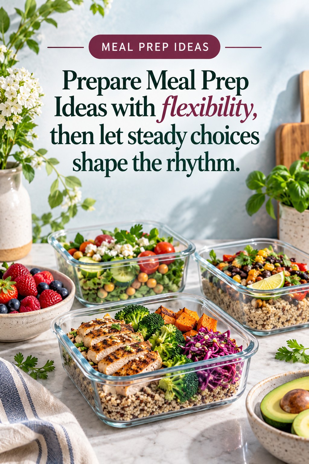 Original Meal Prep Ideas quote graphic reading “Prepare Meal Prep Ideas with flexibility, then let steady choices shape the rhythm.” in a board-relevant editorial design.