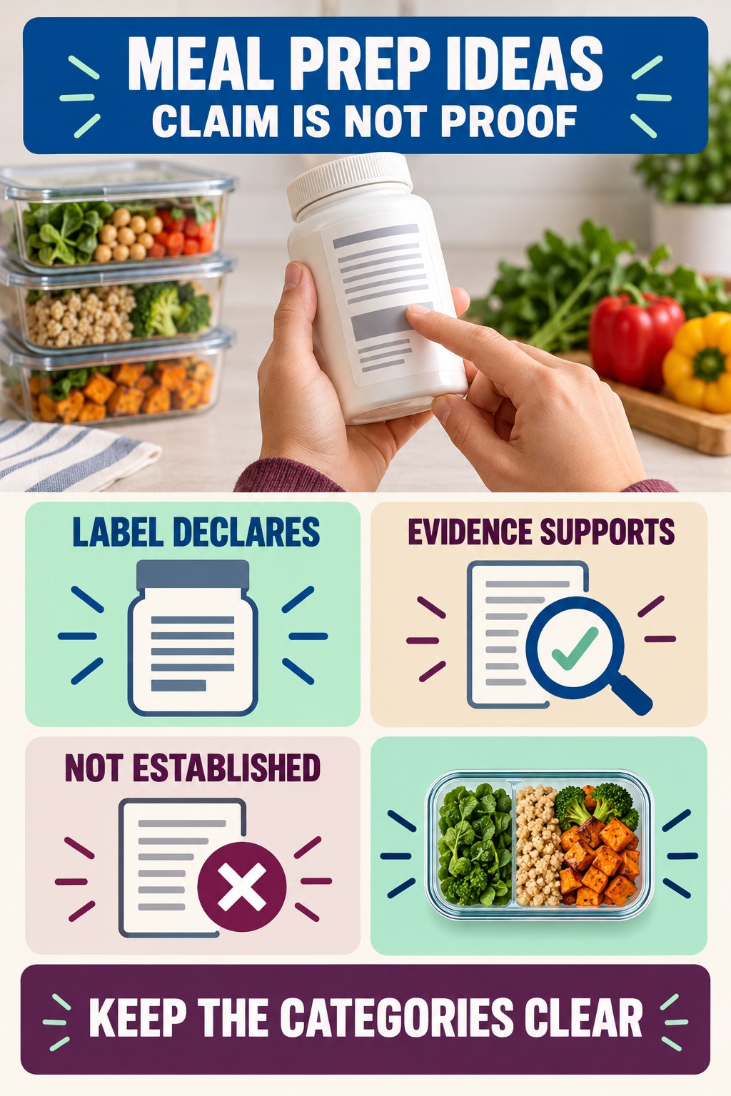 Separate Label Claims From Independent Evidence infographic for Meal Prep Ideas with four concise probiotic-label reading points.