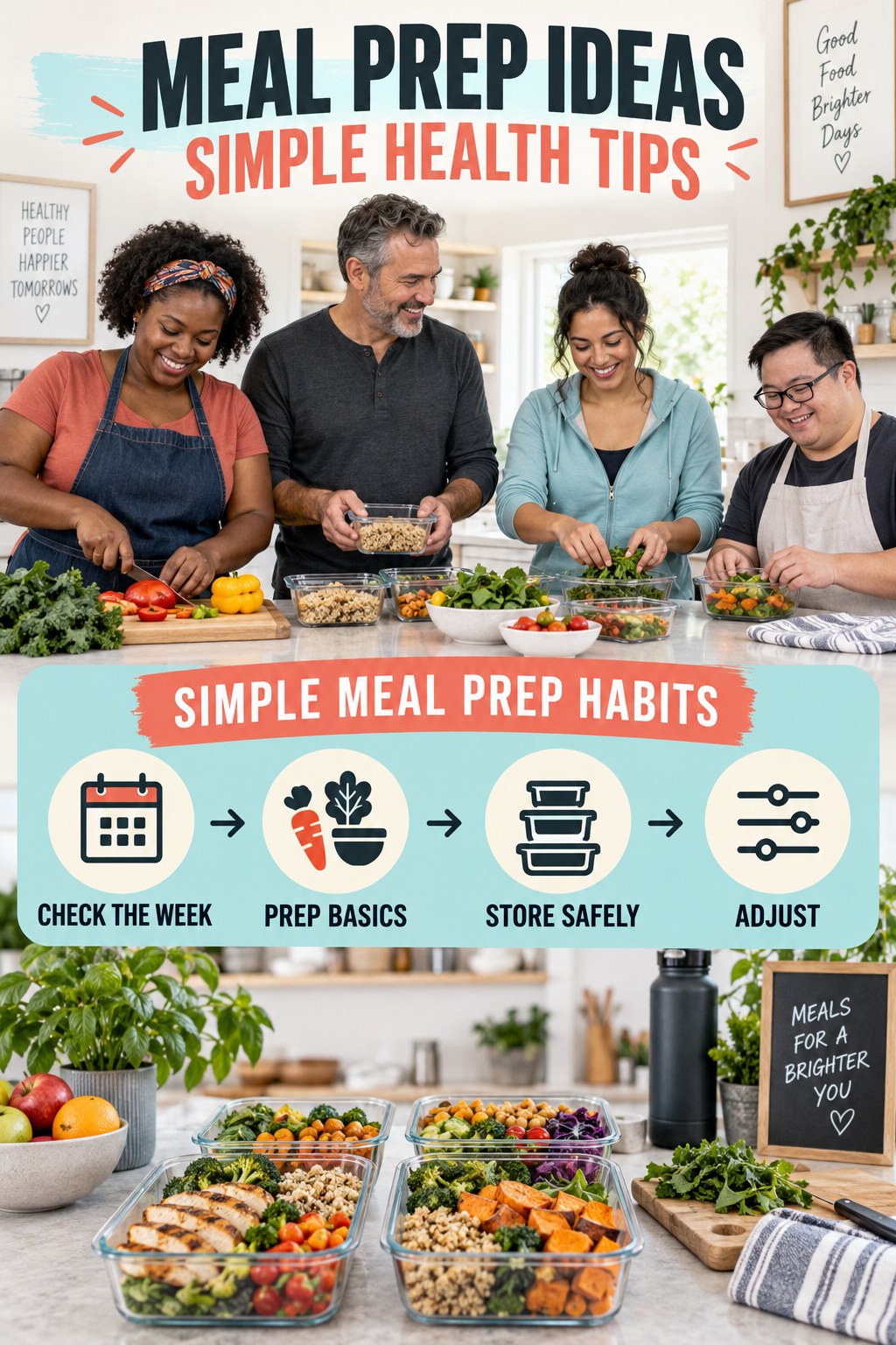 Meal Prep Ideas simple-health graphic titled Simple Meal Prep Habits with four practical wellness prompts.
