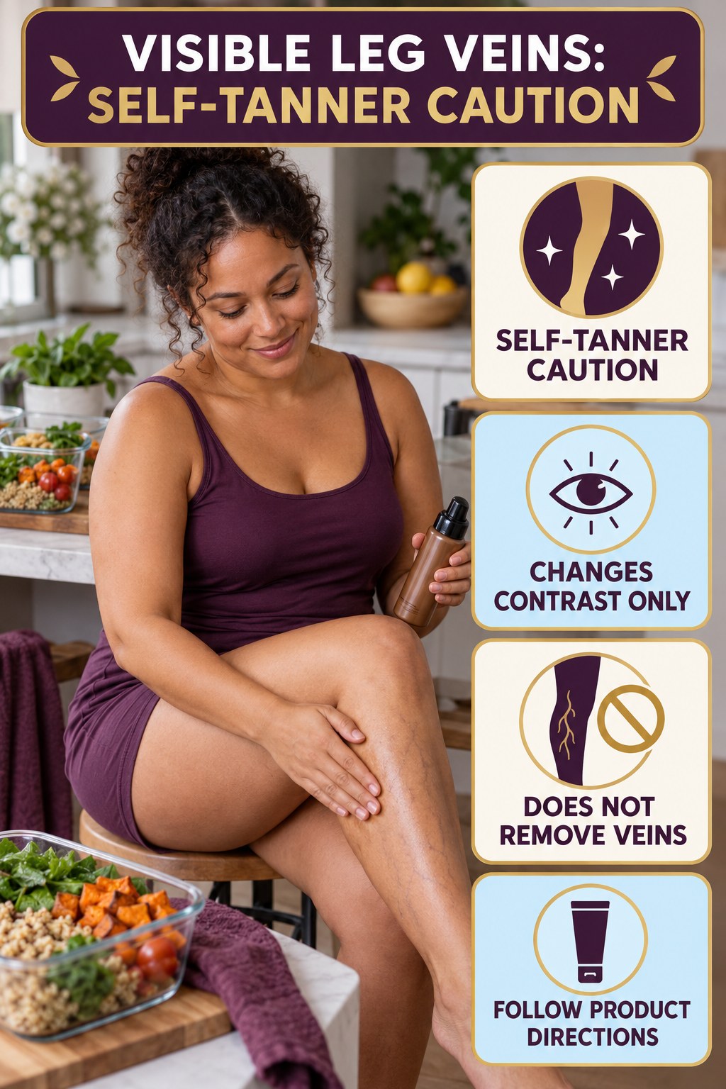 Self-Tanner Caution infographic for Meal Prep Ideas, showing body-neutral visible-leg-vein appearance care and the boundary between temporary cosmetic support and treatment.