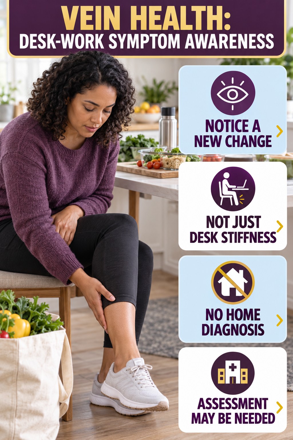 Desk-Work Symptom Awareness infographic for Meal Prep Ideas, explaining vein-health warning signs and the appropriate next action without diagnosing a condition.