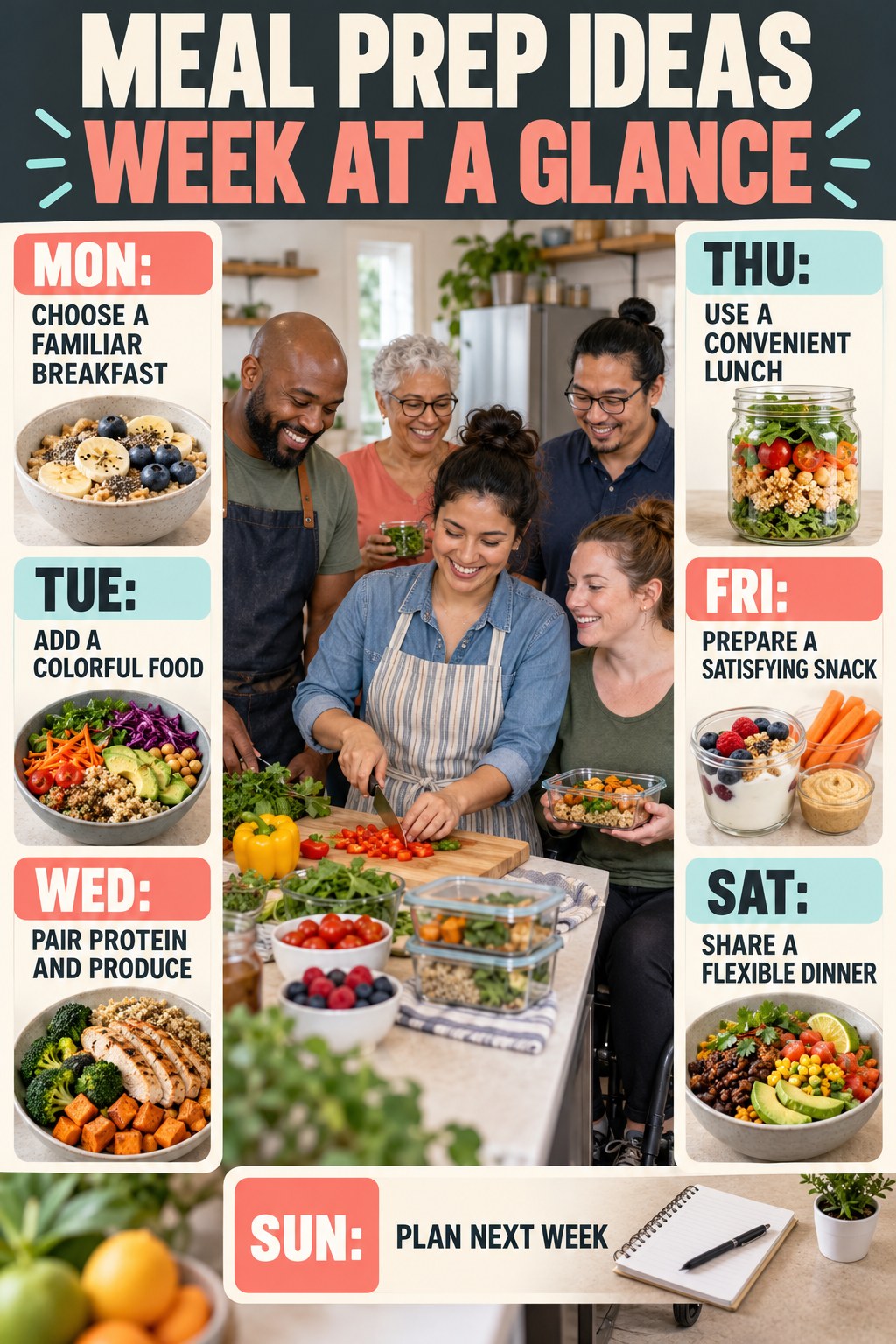 Weekly Meal Prep Ideas plan graphic with concise Monday-to-Sunday actions and flexible recovery guidance.
