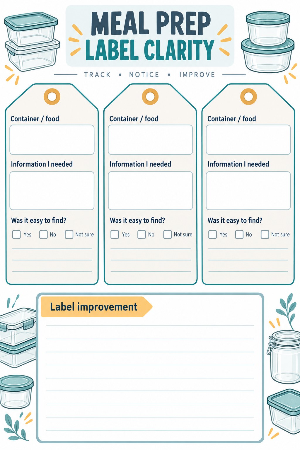 Blank meal prep label review with three container cards for identity, information location, and label improvements.