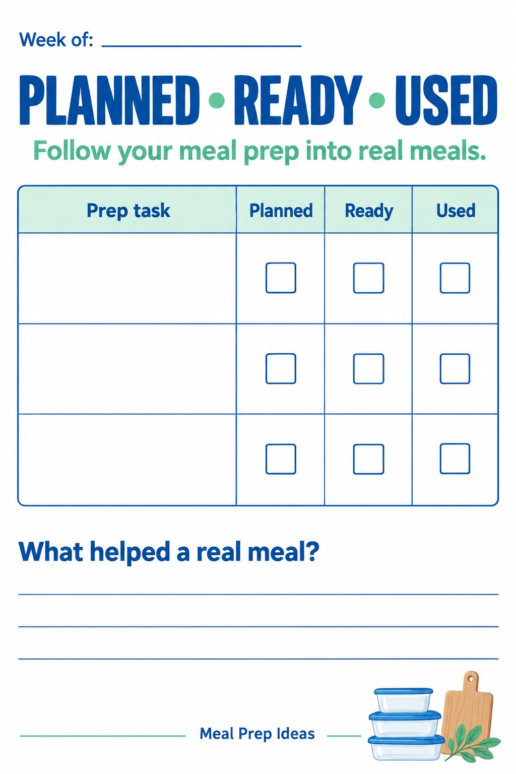 Blank meal prep workflow table with three task rows and planned, ready, and used checkbox columns