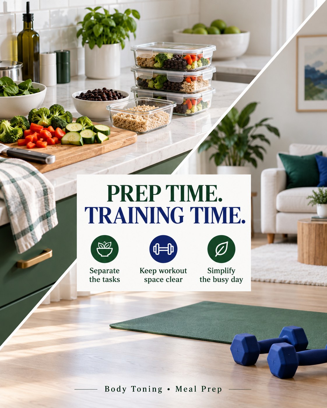 An organized kitchen meal prep station separated visually from a clear workout corner with a mat and dumbbells.