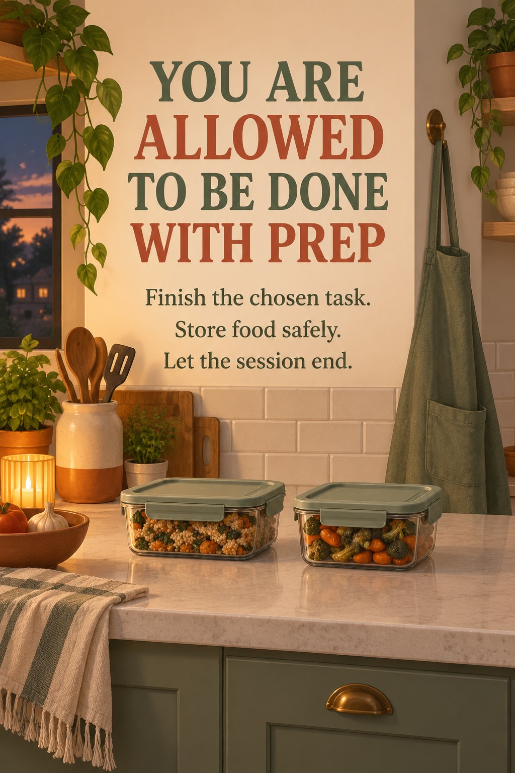 Two closed meal containers on a kitchen counter with a hanging apron and encouragement to finish meal prep at a useful stopping point.