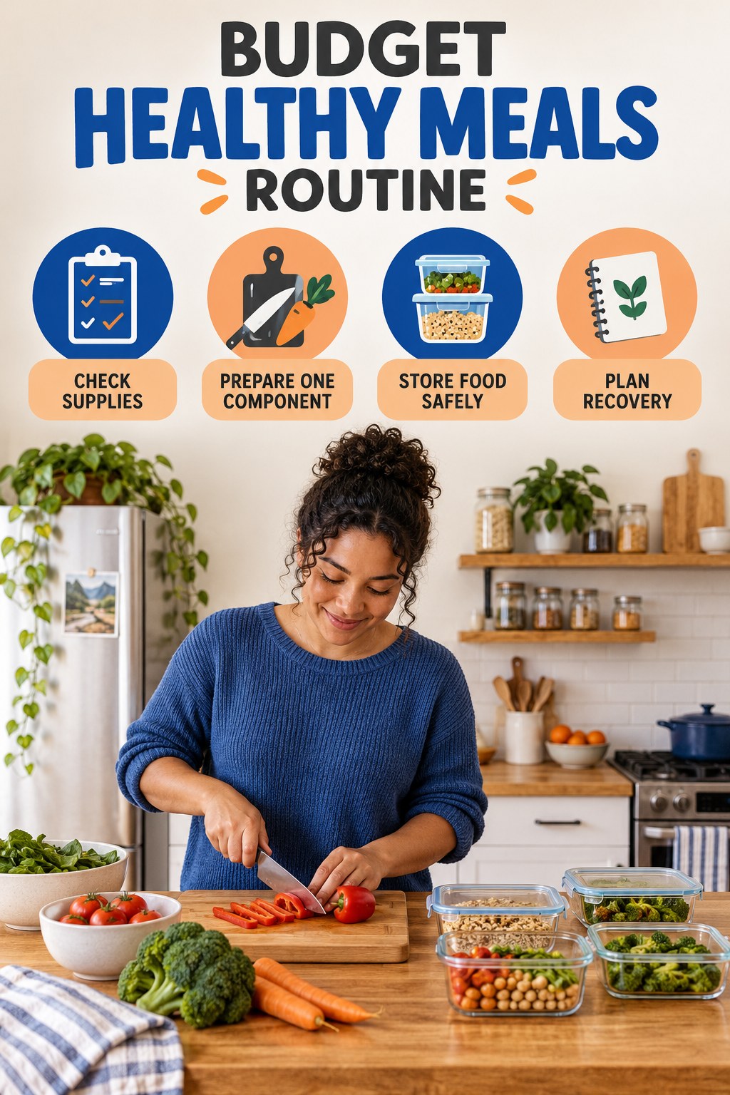 Meal Prep Wellness Routine for Budget Healthy Meals with four readable routine cues and a realistic board-relevant wellness scene.