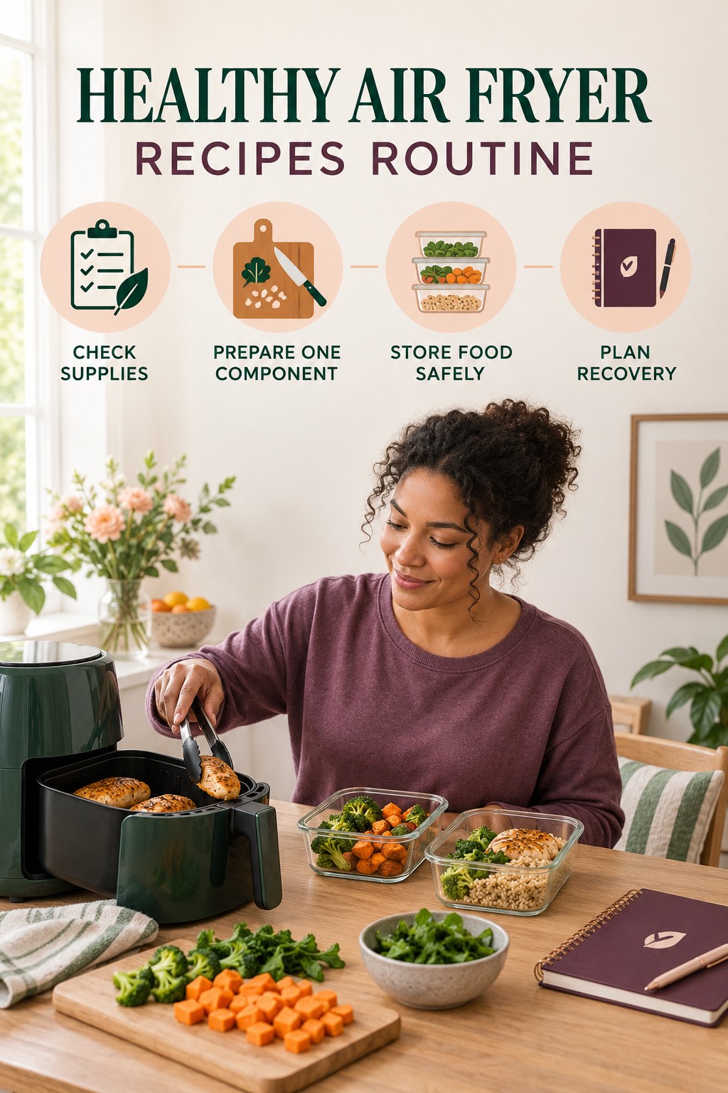 Meal Prep Wellness Routine for Healthy Air Fryer Recipes with four readable routine cues and a realistic board-relevant wellness scene.