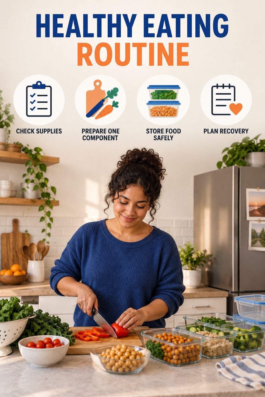 Meal Prep Wellness Routine for Healthy Eating with four readable routine cues and a realistic board-relevant wellness scene.