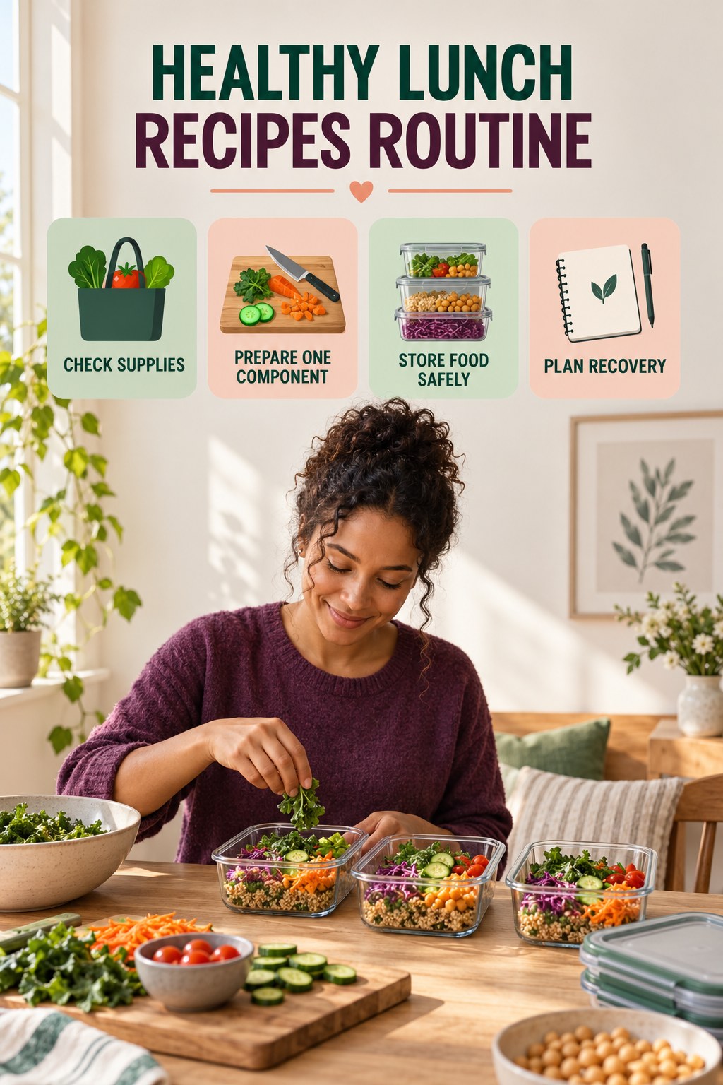 Meal Prep Wellness Routine for Healthy Lunch Recipes with four readable routine cues and a realistic board-relevant wellness scene.