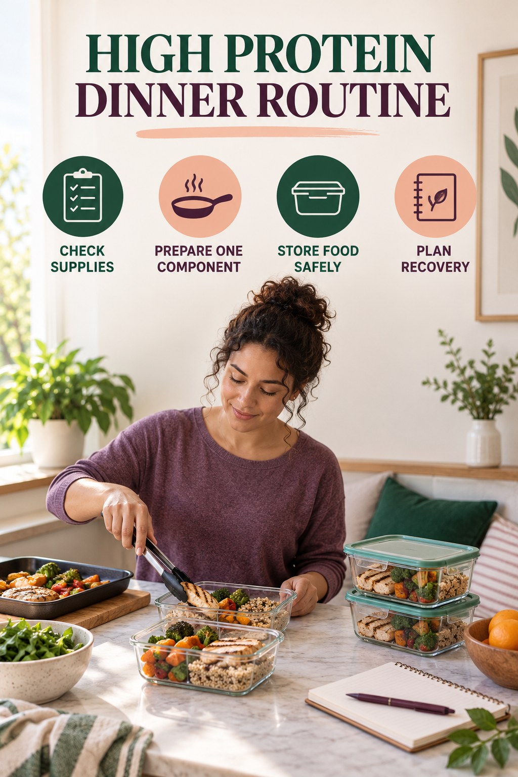 Meal Prep Wellness Routine for High Protein Dinner with four readable routine cues and a realistic board-relevant wellness scene.