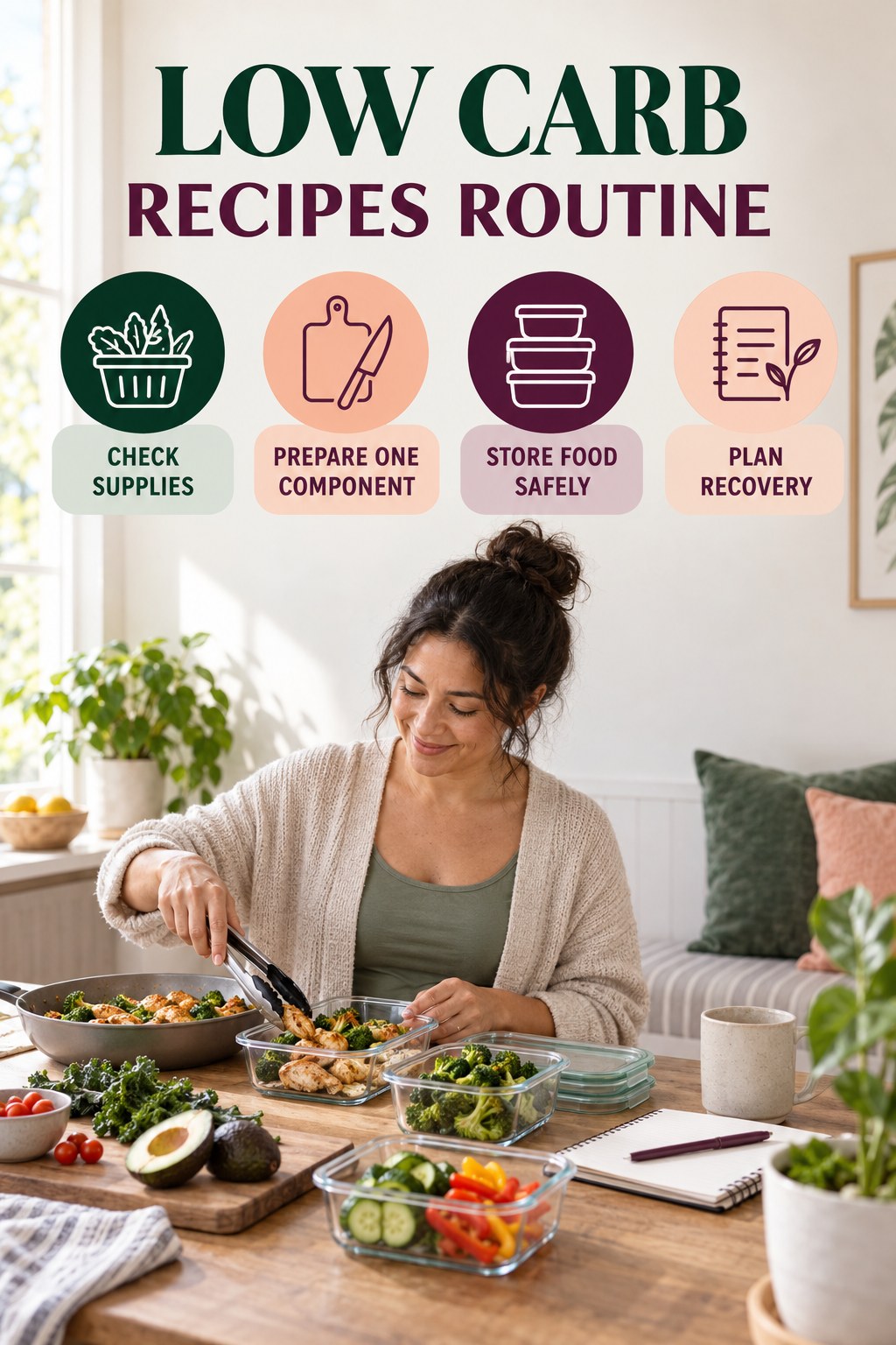 Meal Prep Wellness Routine for Low Carb Recipes with four readable routine cues and a realistic board-relevant wellness scene.