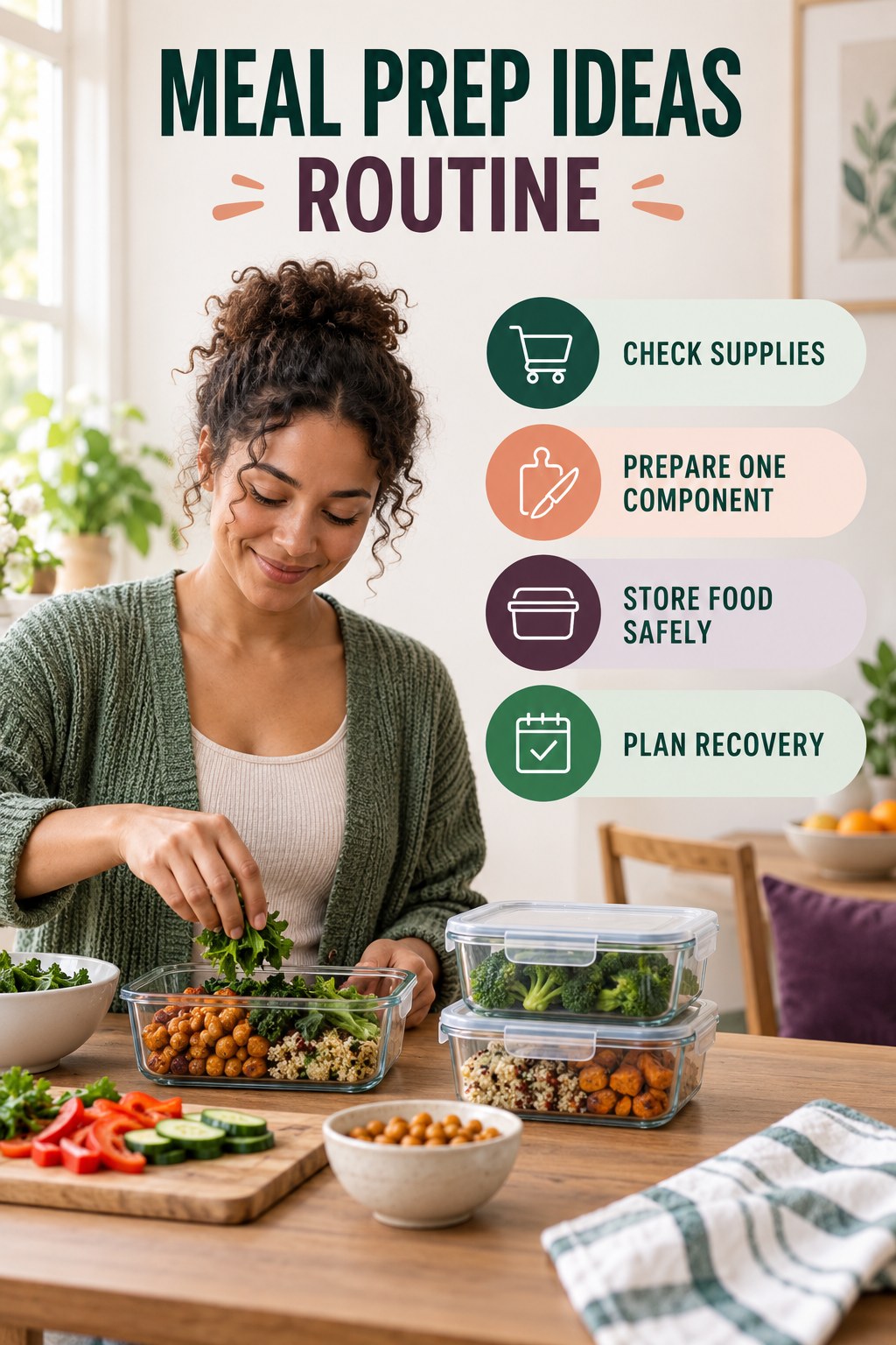 Meal Prep Wellness Routine for Meal Prep Ideas with four readable routine cues and a realistic board-relevant wellness scene.