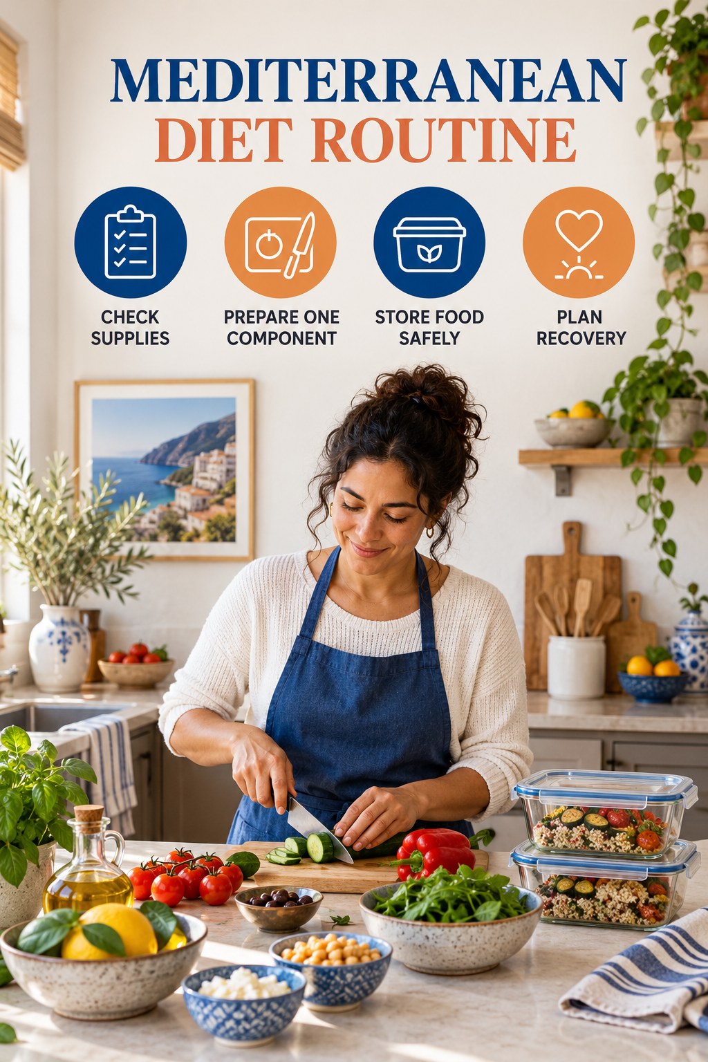 Meal Prep Wellness Routine for Mediterranean Diet with four readable routine cues and a realistic board-relevant wellness scene.