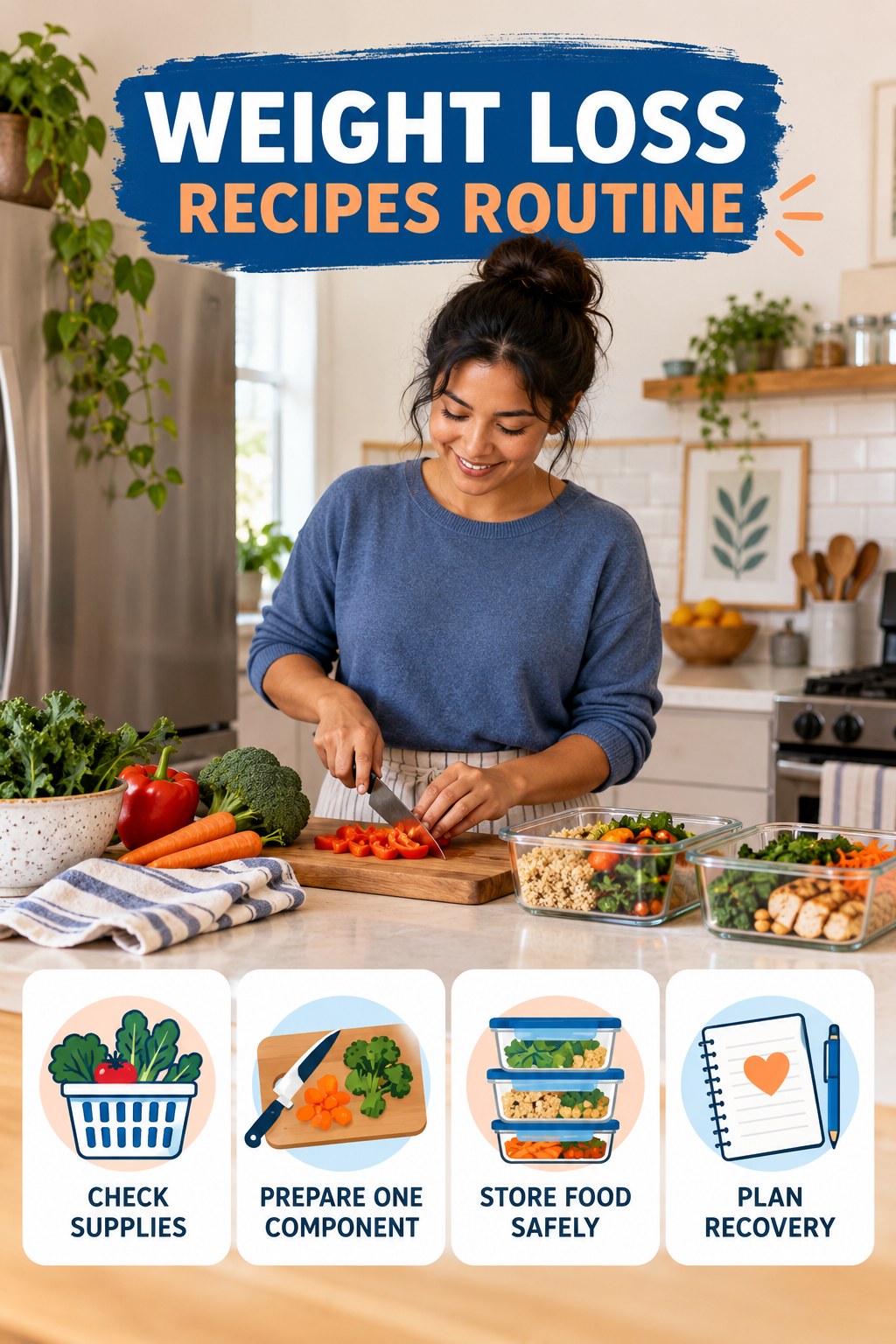 Meal Prep Wellness Routine for Weight Loss Recipes with four readable routine cues and a realistic board-relevant wellness scene.