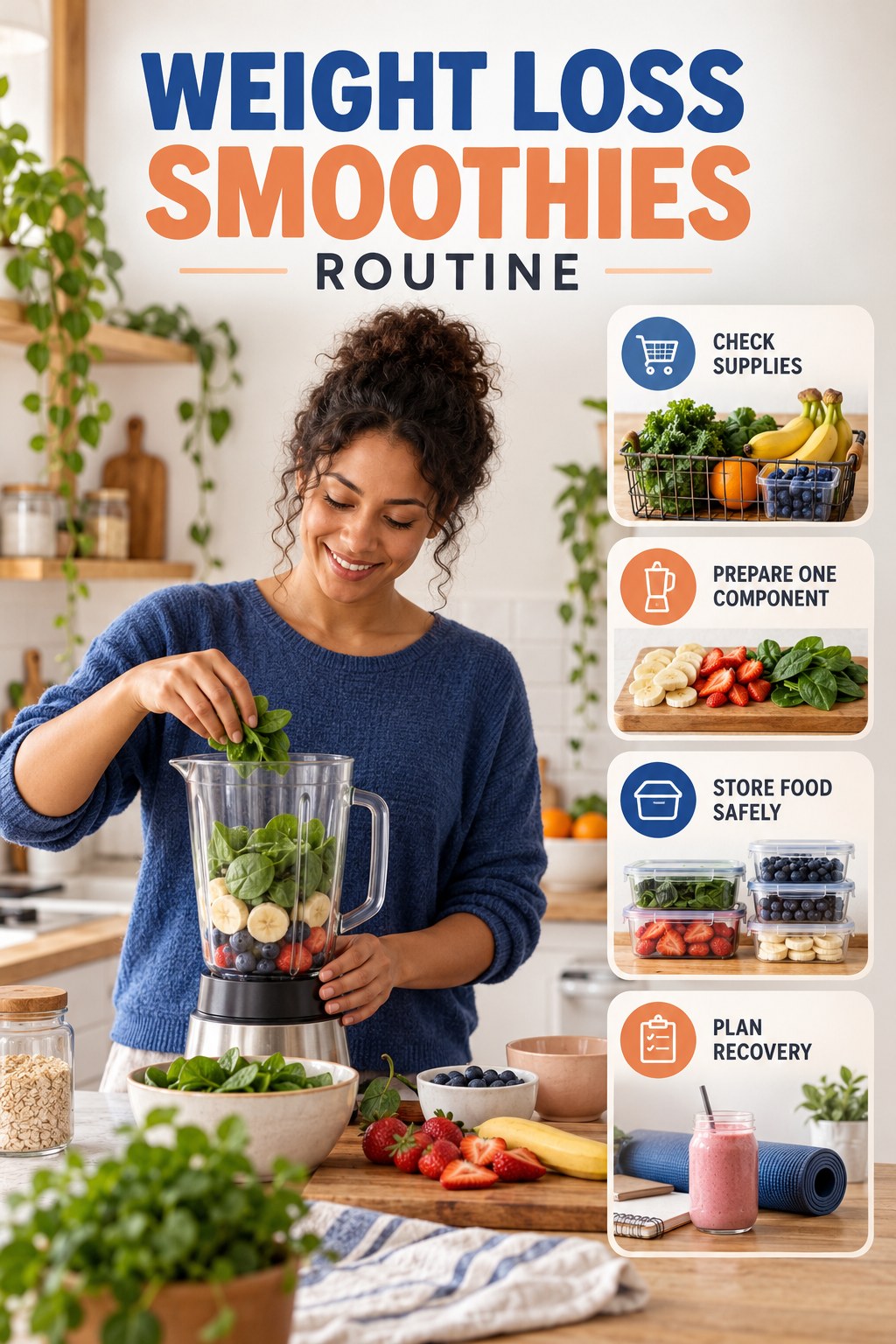 Meal Prep Wellness Routine for Weight Loss Smoothies with four readable routine cues and a realistic board-relevant wellness scene.